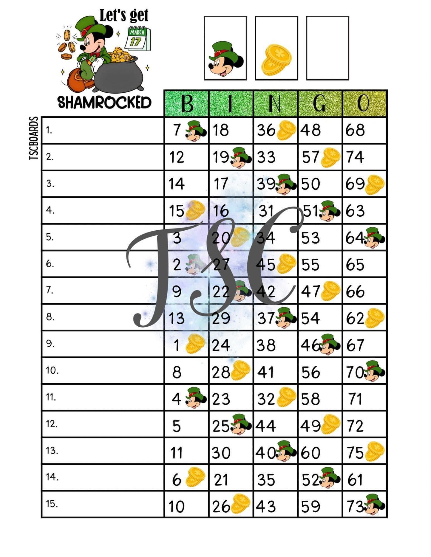 Let’s Get Shamrocked Bingo Board 1-75 Ball