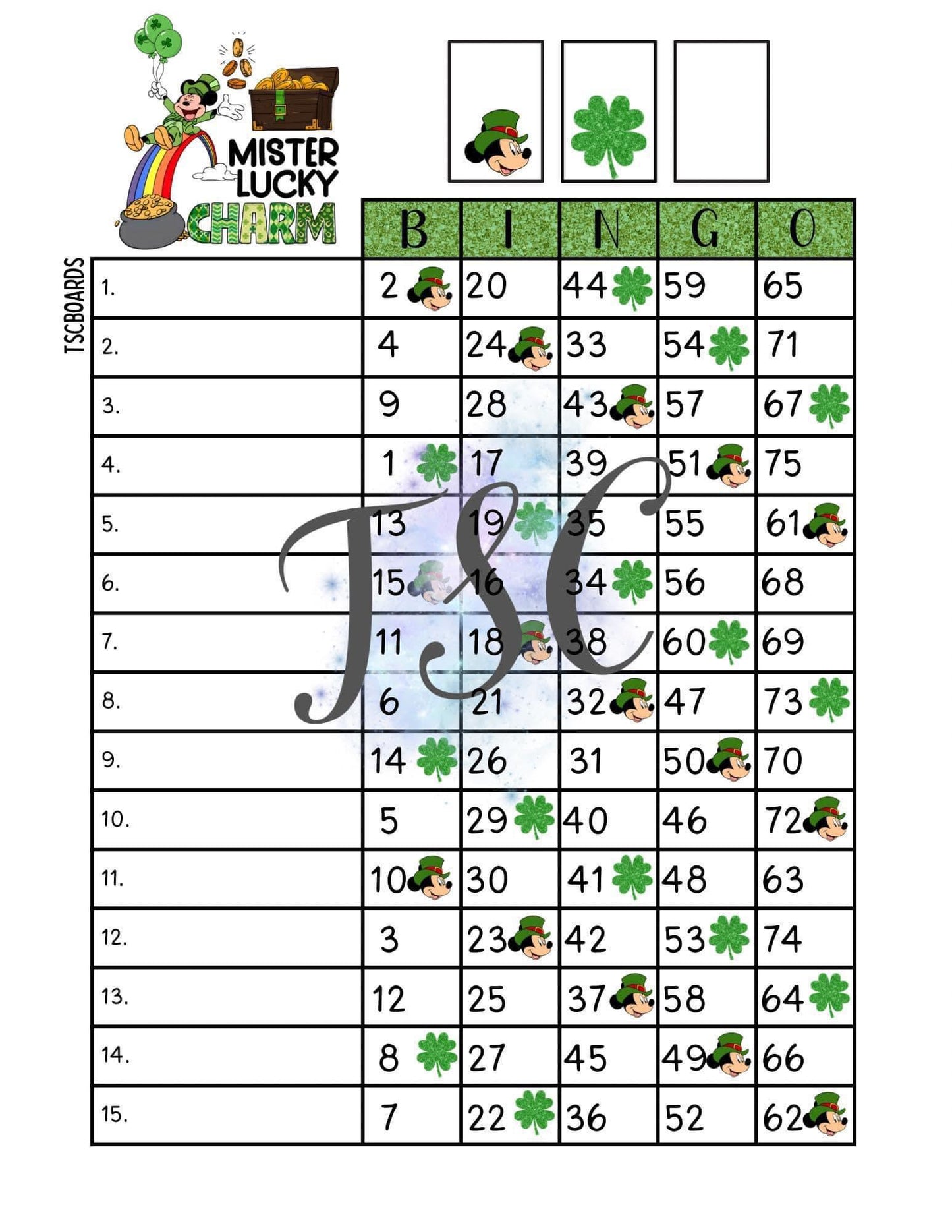 Mister Lucky Charm Bingo Board 1-75 Ball