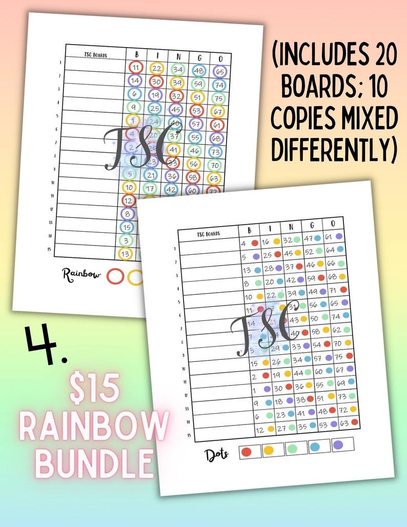 Rainbow Bundle 20 Bingo Boards 1-75 Ball 1-15 Line