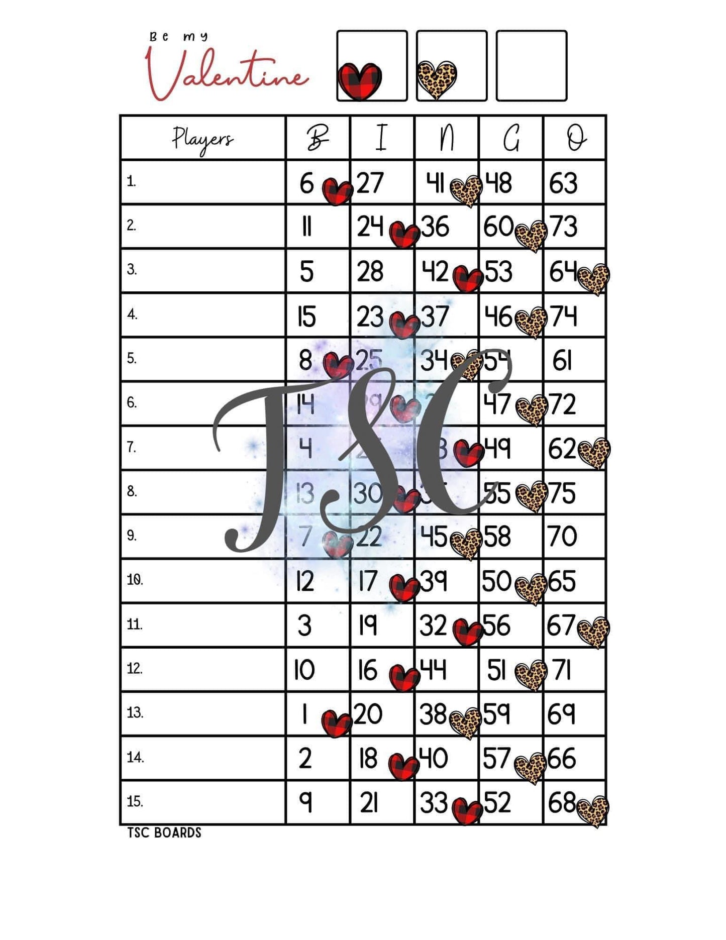 Be My Valentine Bingo Board 1-75 Ball