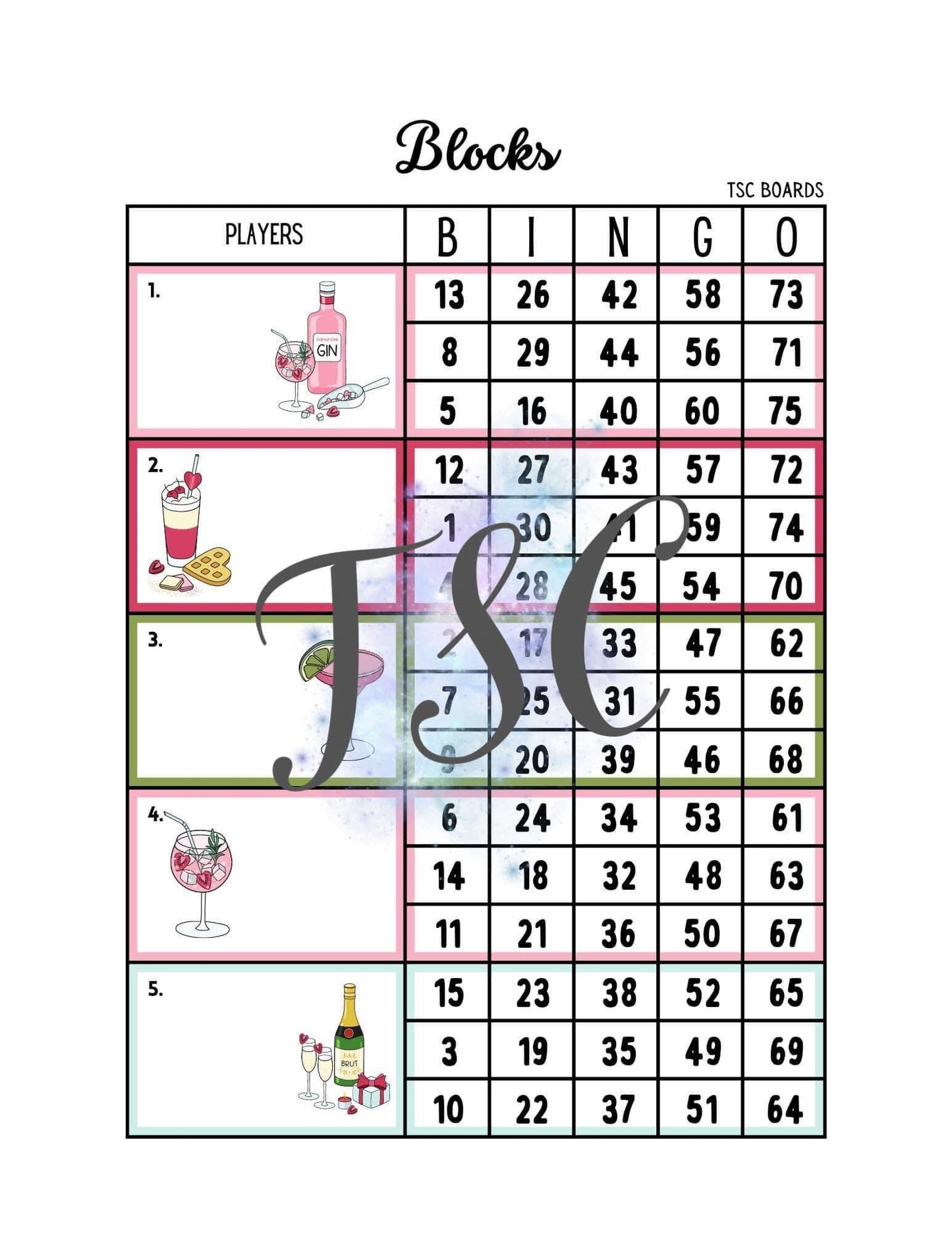 Drinks Block Bingo Board 1-75 Ball