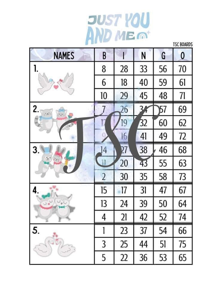 Just You And Me Block Bingo Board 1-75 Ball
