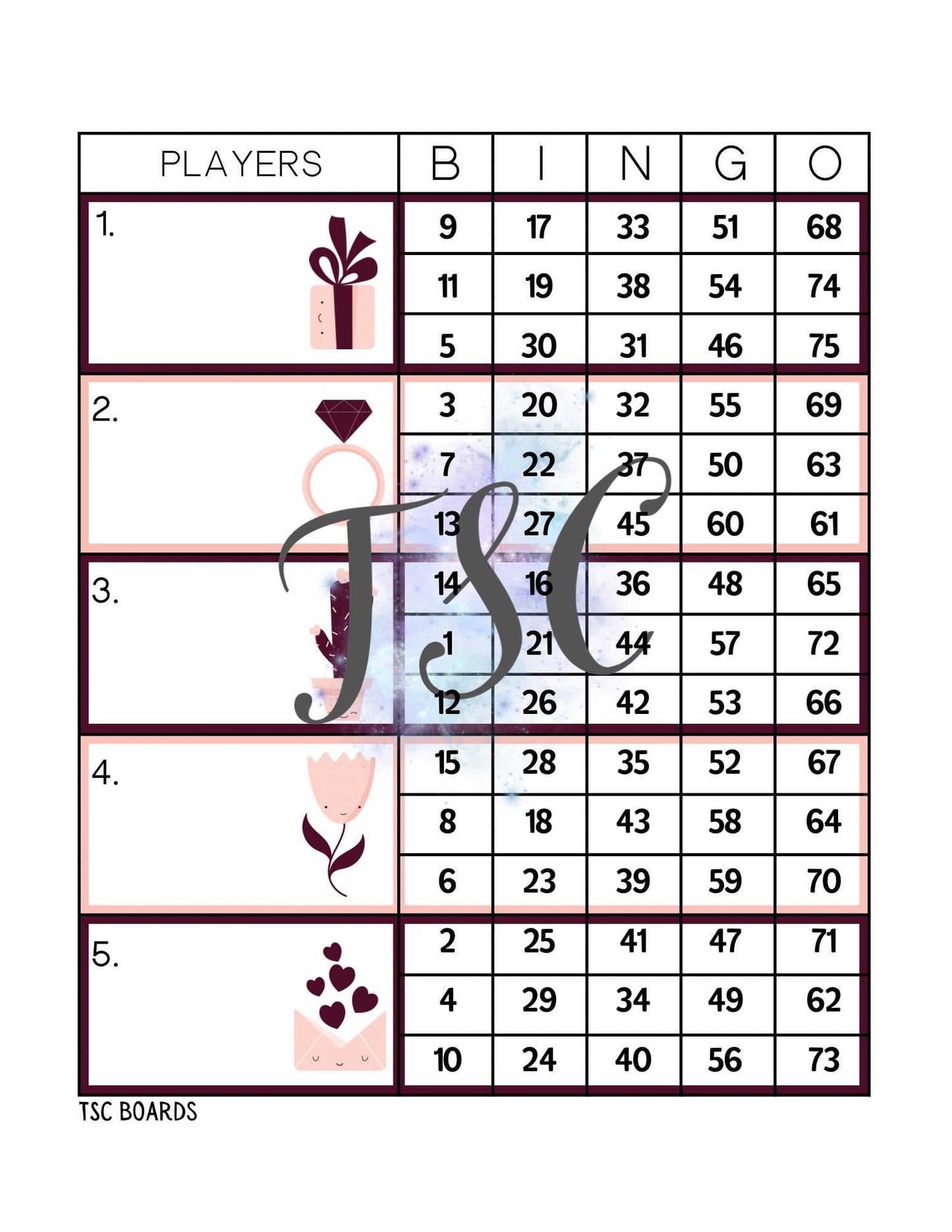 Valentines Date Block Bingo Board 1-75 Ball