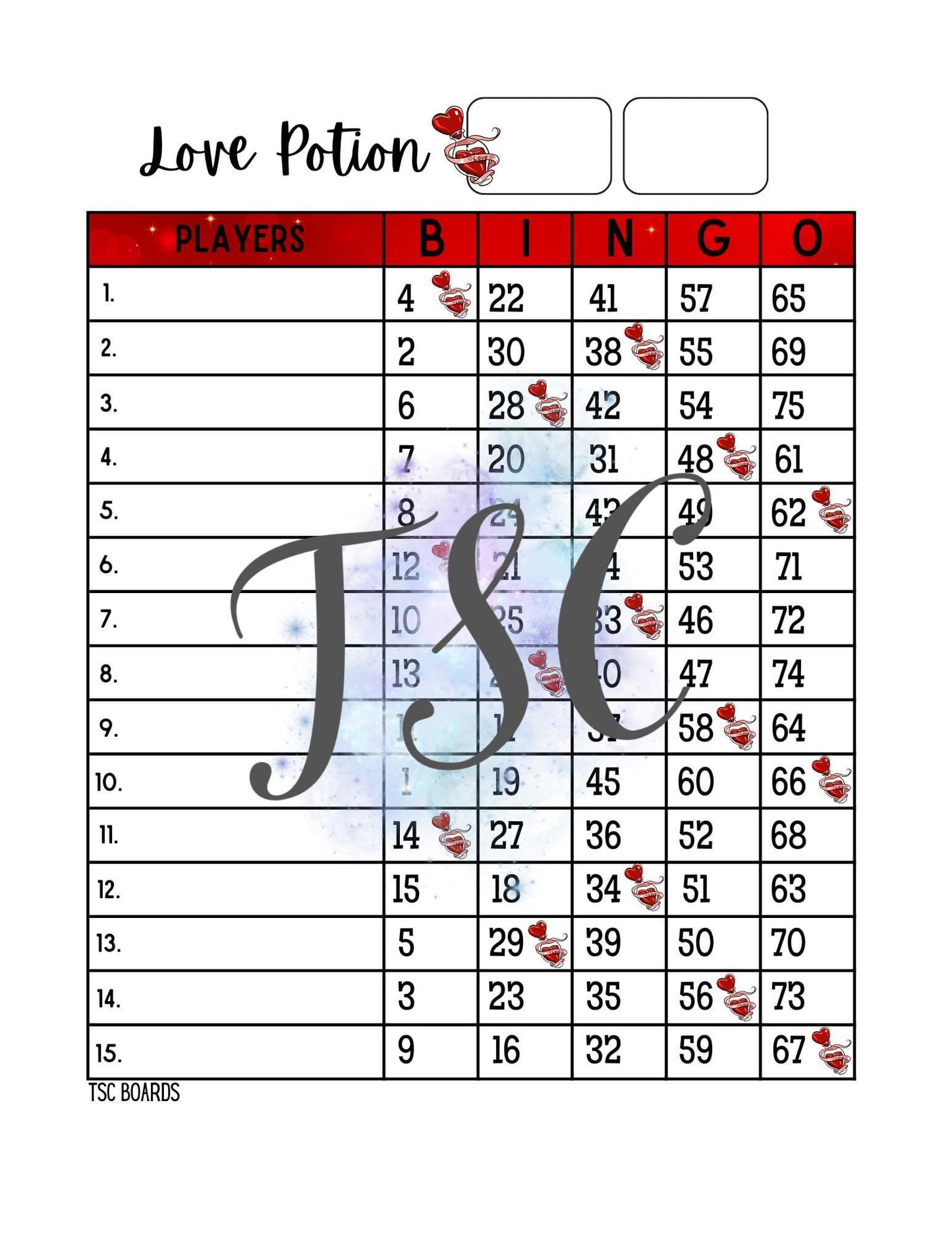 Love Potion Bingo Board 1-75 Ball
