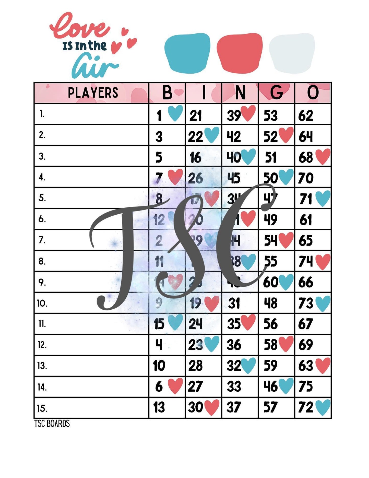 Love Is In The Air Bingo Board 1-75 Ball