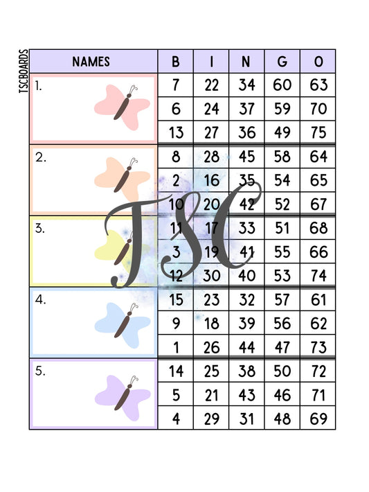 Pastel Butterfly Block Bingo Board 1-75 Ball