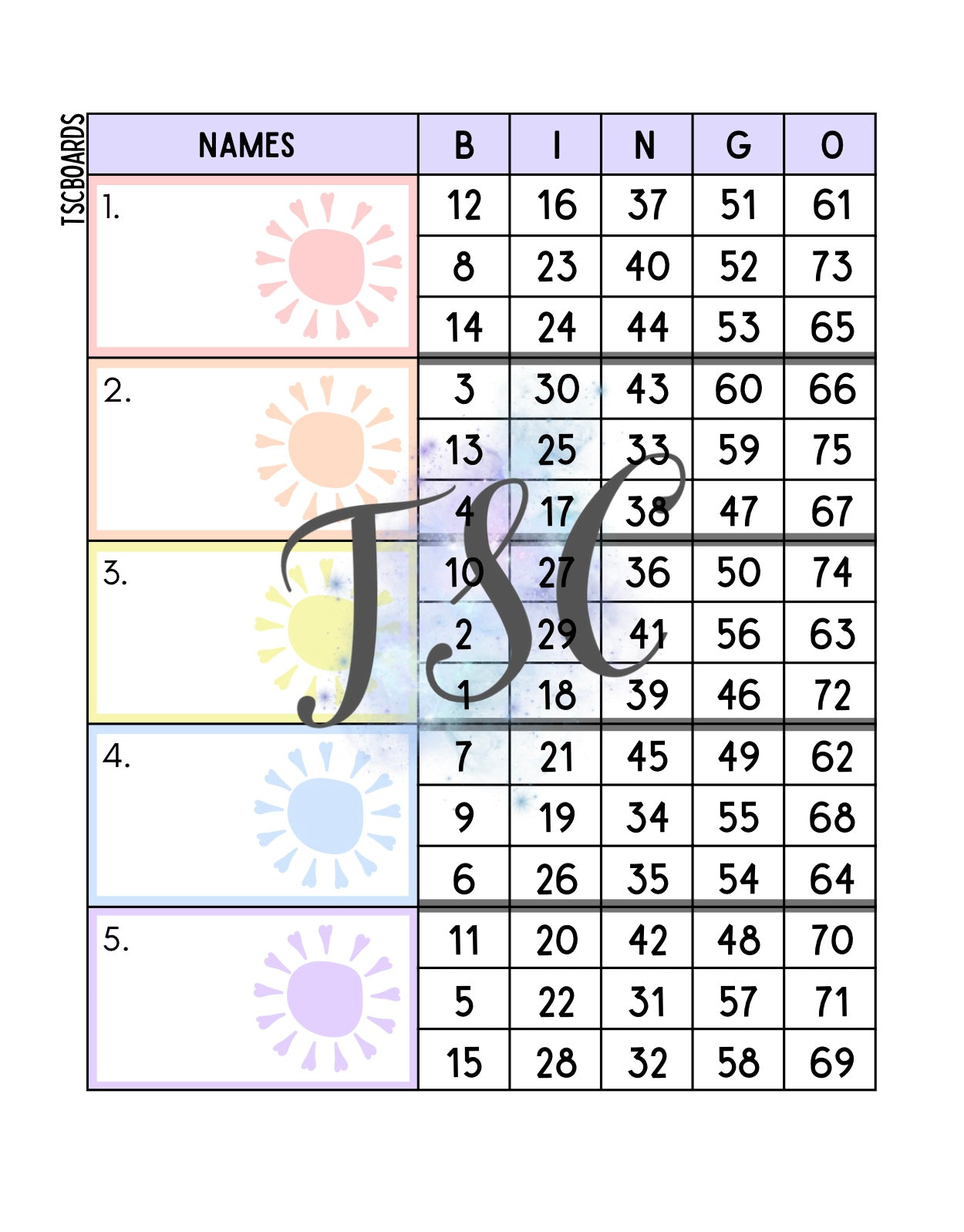 Pastel Suns Block Bingo Board 1-75 Ball