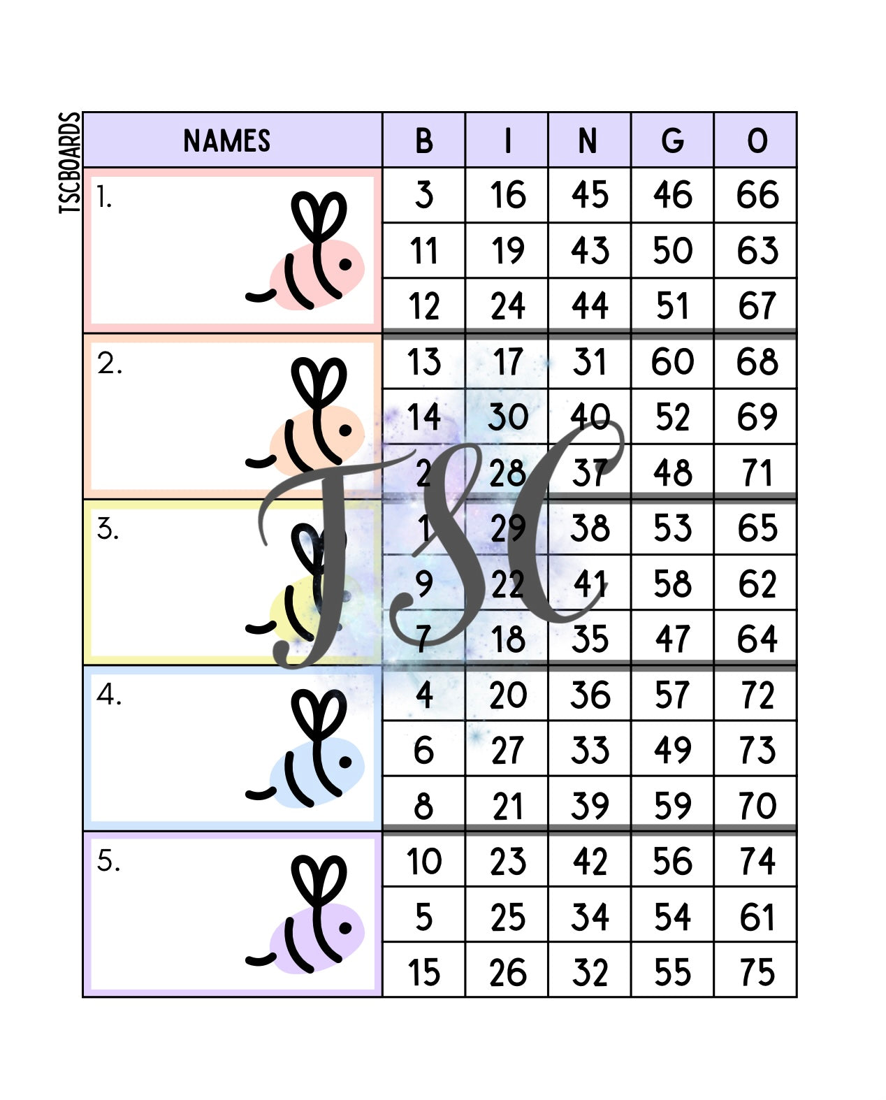 Pastel Bee Block Bingo Board 1-75 Ball 15 Lines