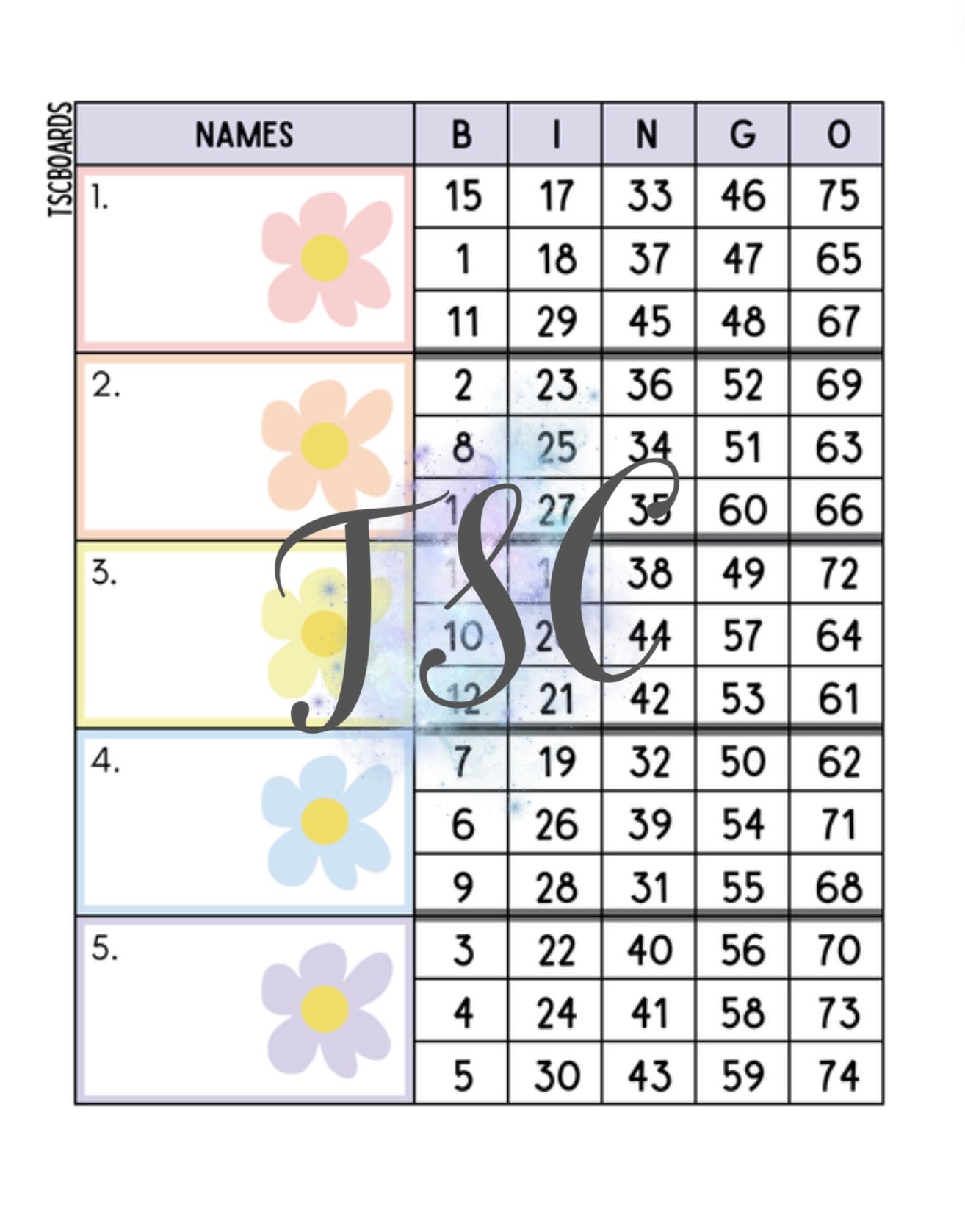 Pastel Flowers Block Bingo Board 1-75 Ball