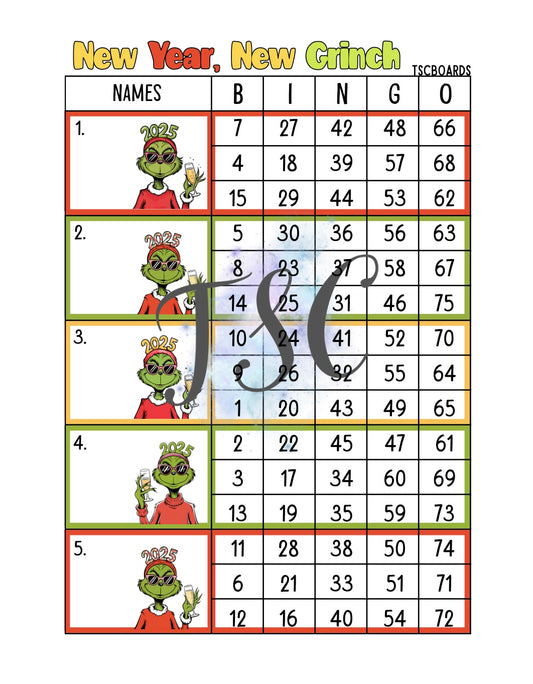 New Year New Grinch Block Bingo Board 1-75 Ball