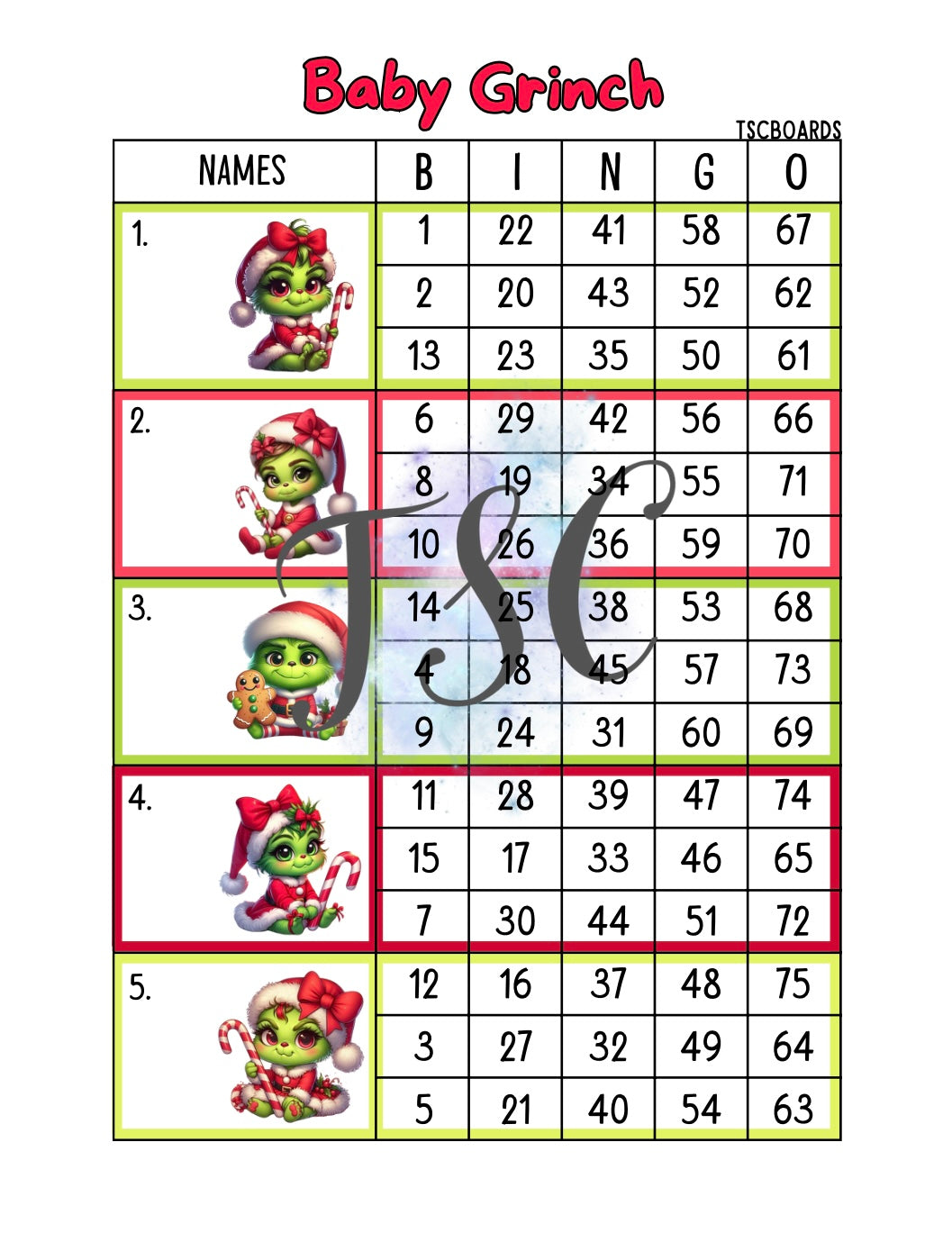 Baby Grinch Block Bingo Board 1-75 Ball