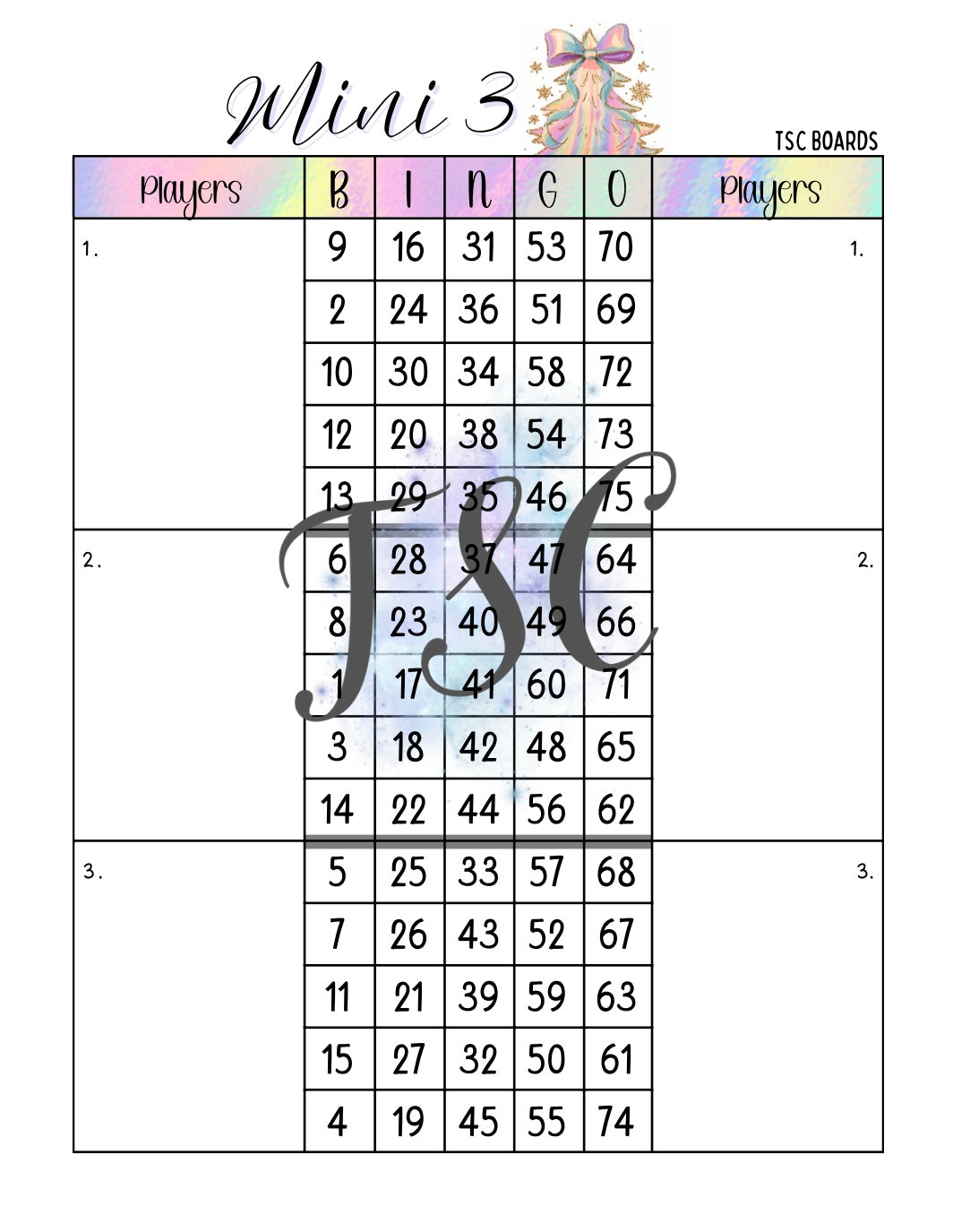 Dreamy Christmas Mini 3 Double Mega Bingo Board 1-75 Ball