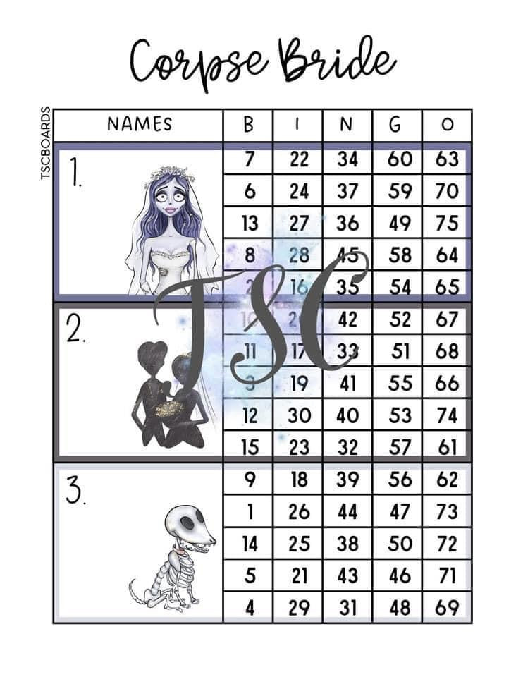 Corpse Bride Mega Block Bingo Board 1-75 Ball