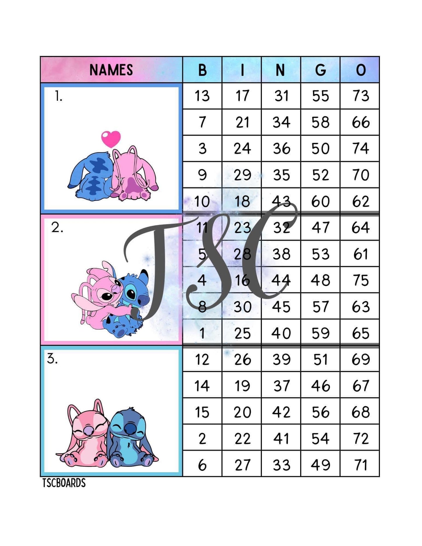 Stitch & Angel Mega Block Bingo Board 1-75 Ball