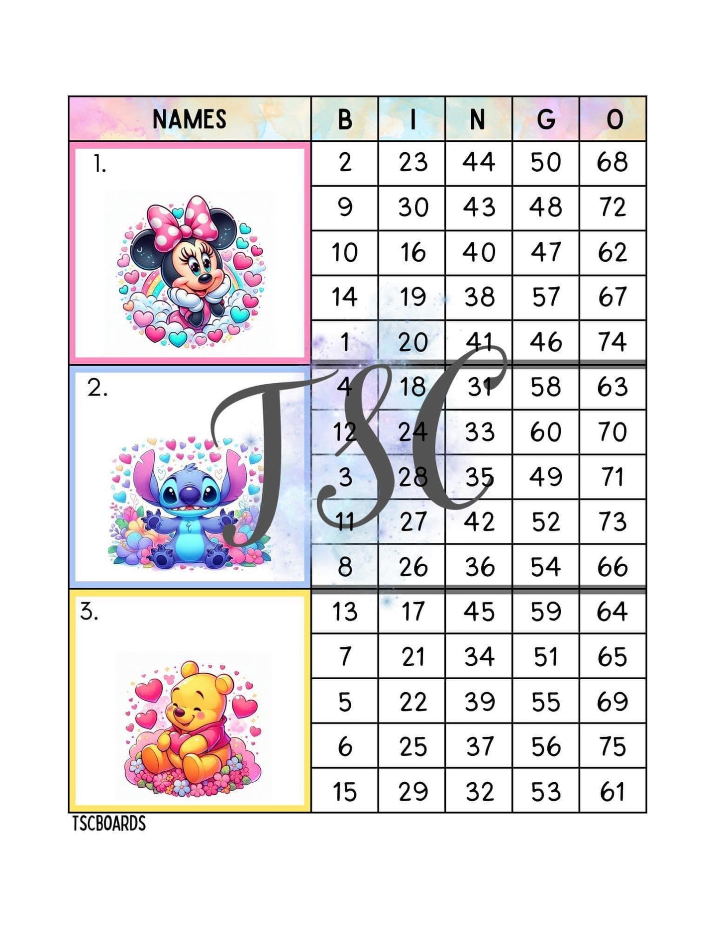 Cute Character Hearts Mega Block Bingo Board 1-75 Ball