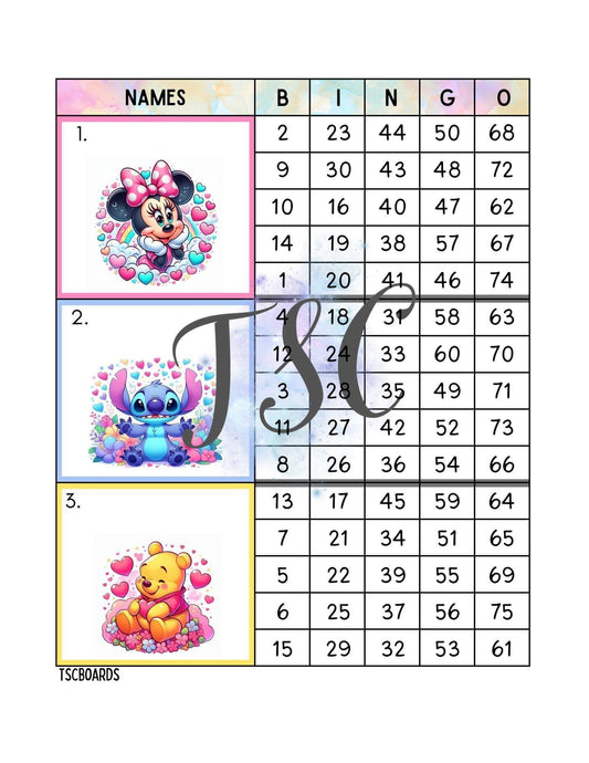 Cute Character Hearts Mega Block Bingo Board 1-75 Ball