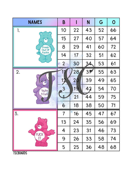 F*ck It Care Bears Mega Block Bingo Board 1-75 Ball
