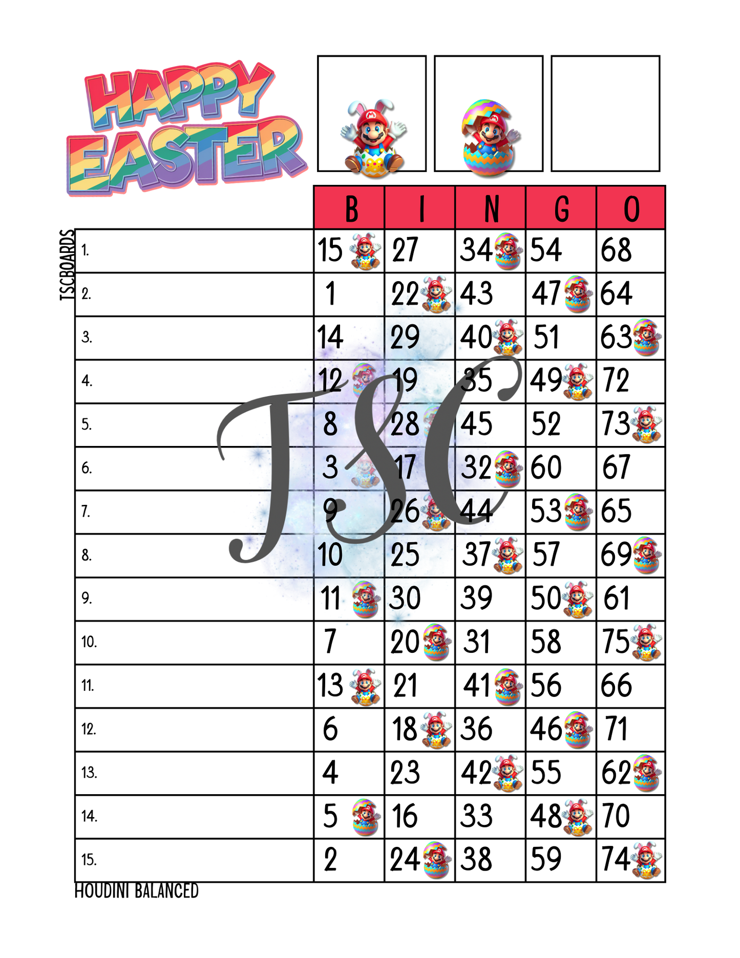 Happy Easter Mario Bingo Board 1-75 Ball