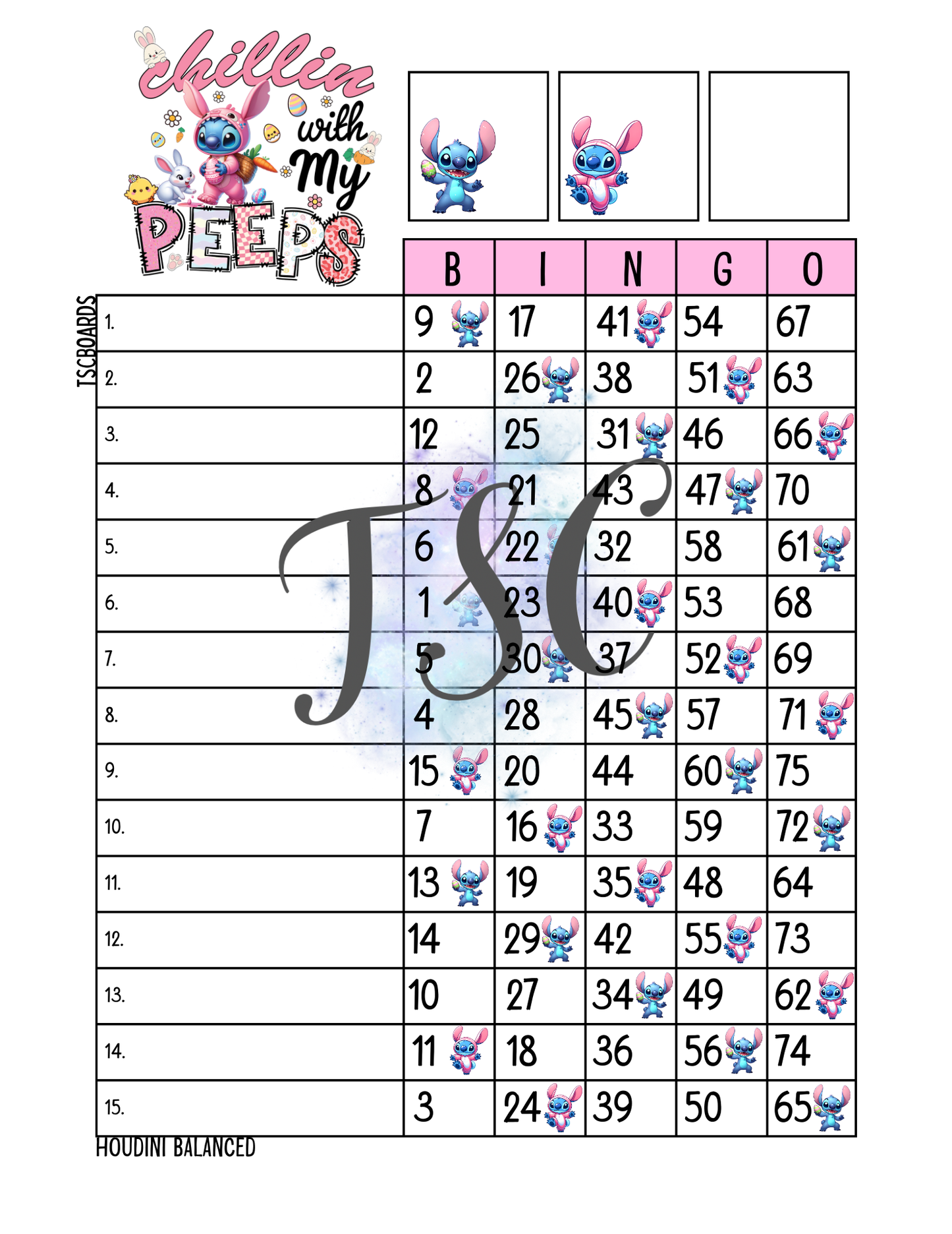 Chillin With My Peeps Bingo Board 1-75 Ball