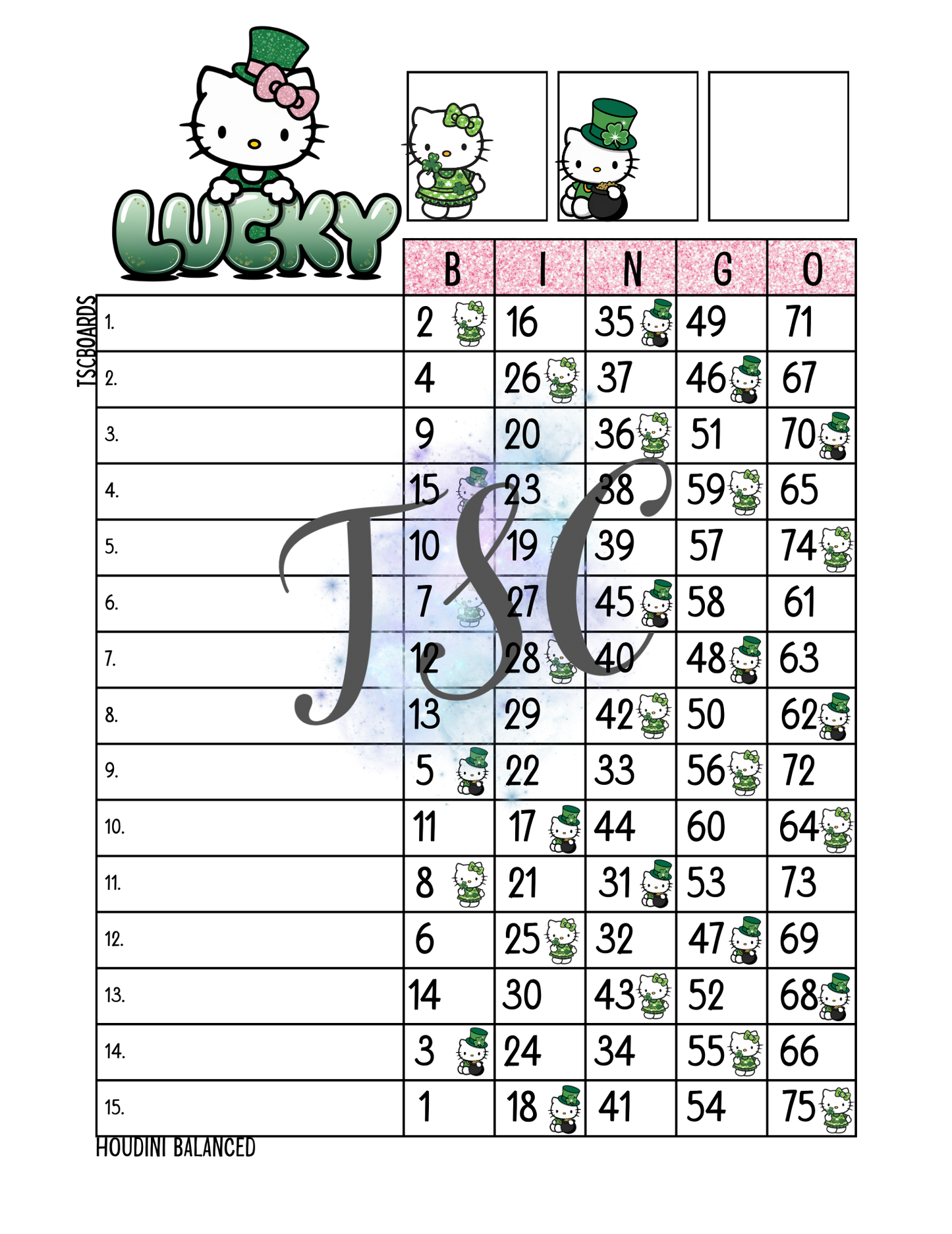 Lucky Kitty Bingo Board 1-75 Ball