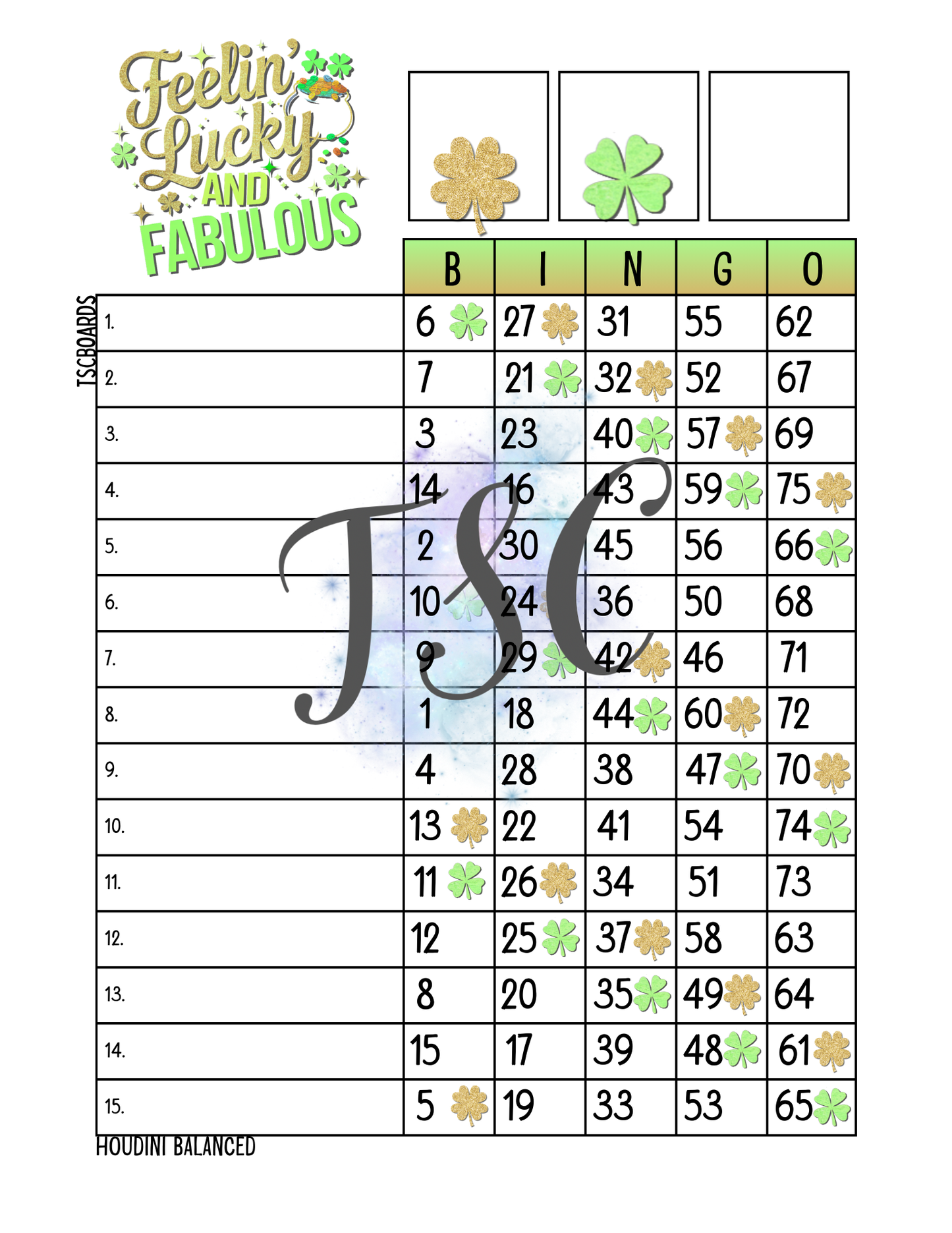 Feelin Lucky And Fabulous Bingo Board 1-75 Ball