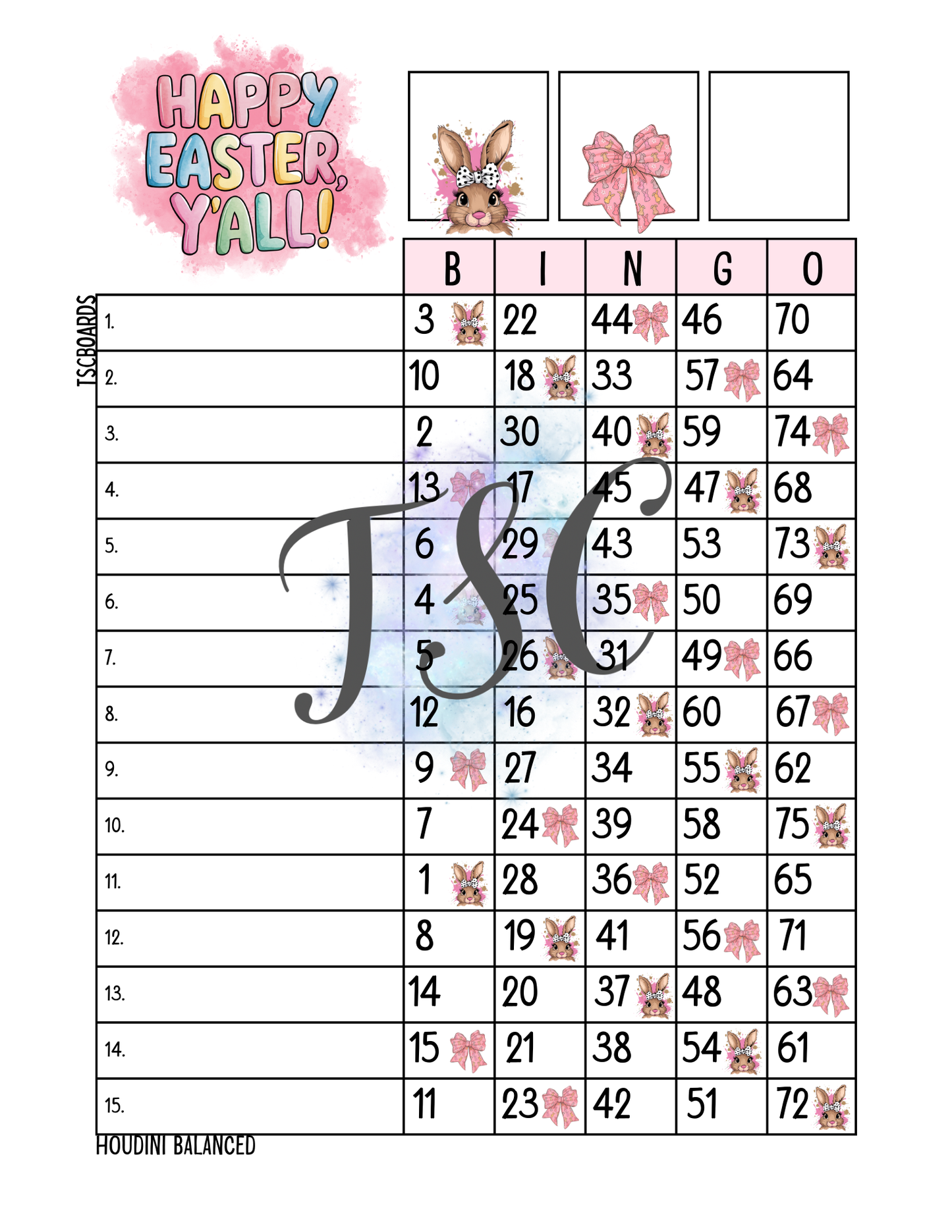 Happy Easter Yall Bingo Board 1-75 Ball