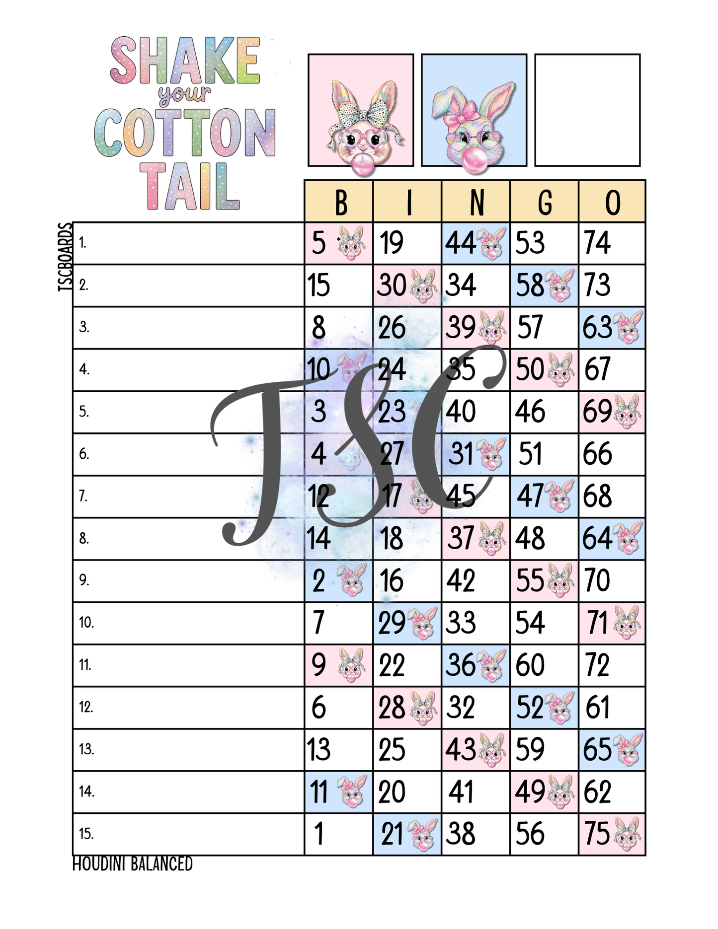 Shake Your Cottontail Bingo Board 1-75 Ball