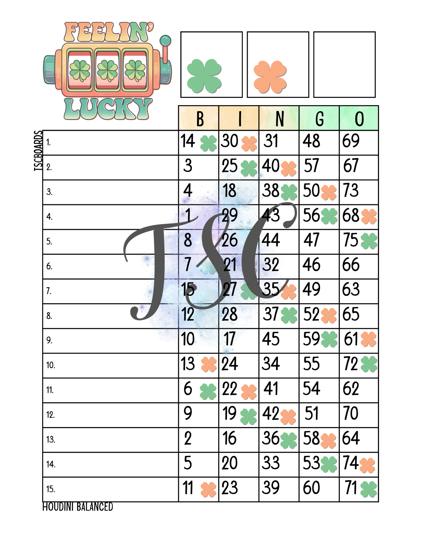 Feelin Lucky Bingo Board 1-75 Ball