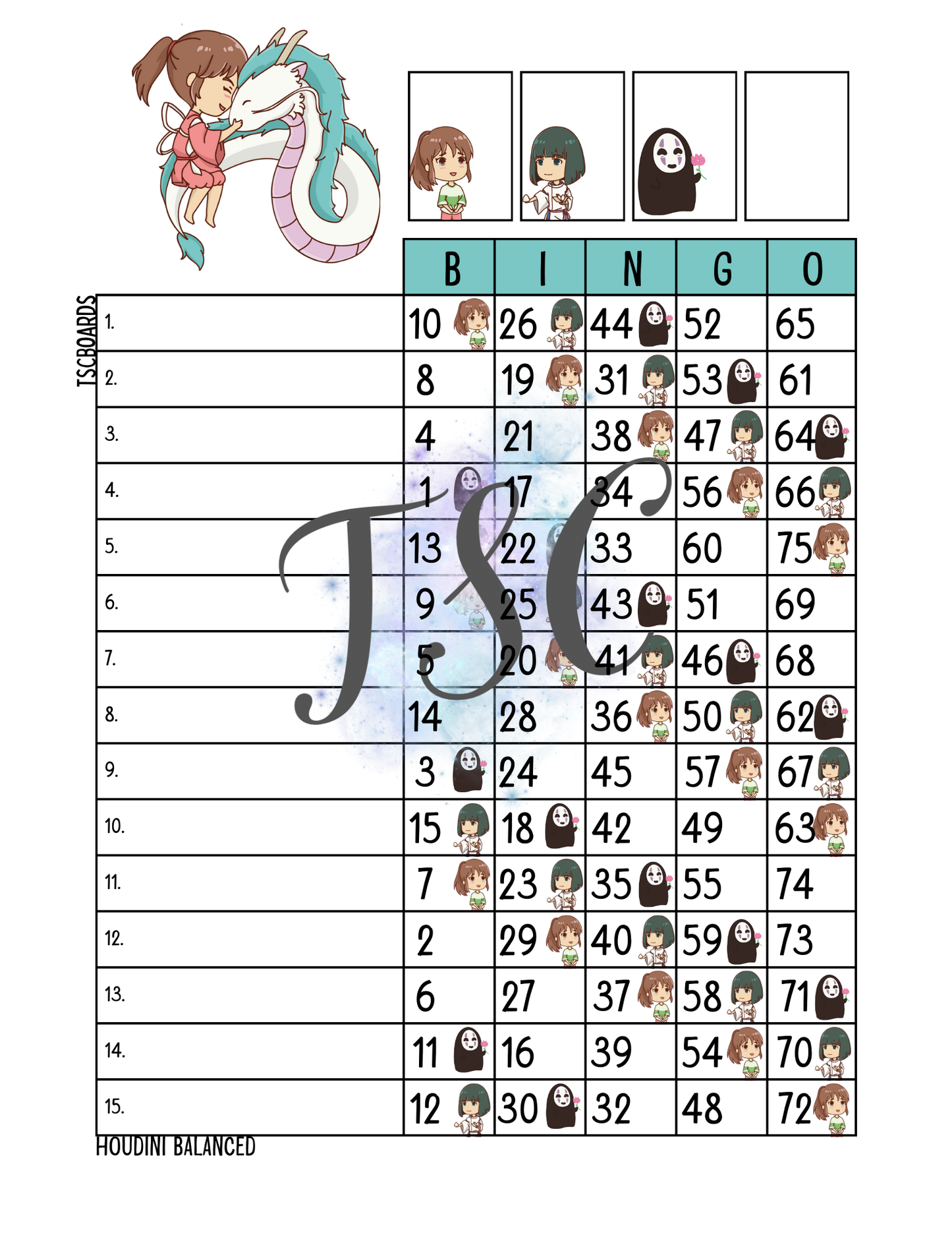 Spirited Away Bingo Board 1-75 Ball