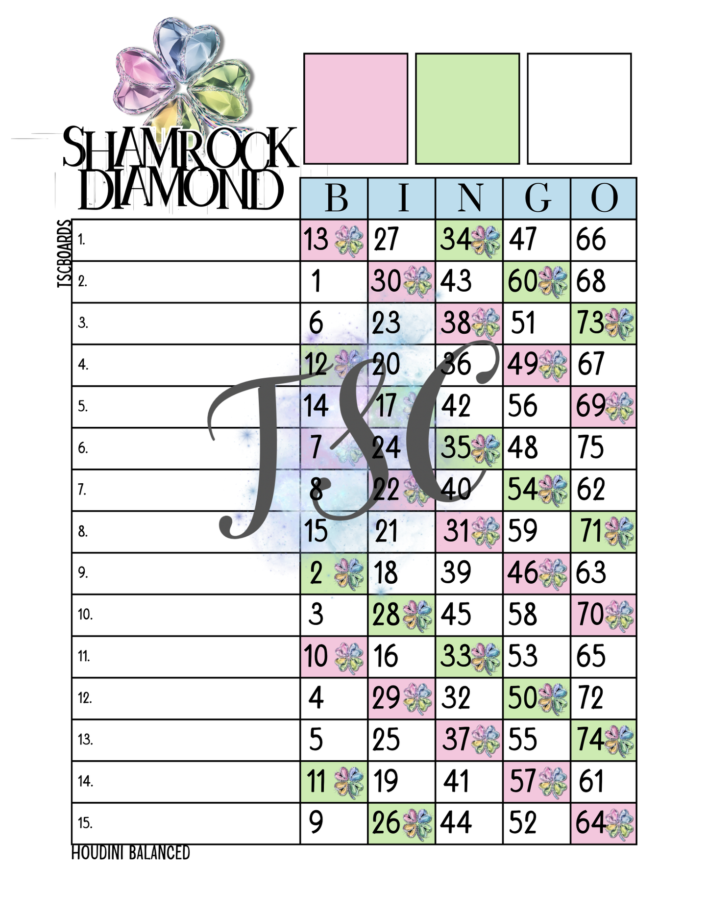 Shamrock Diamond Bingo Board 1-75 Ball
