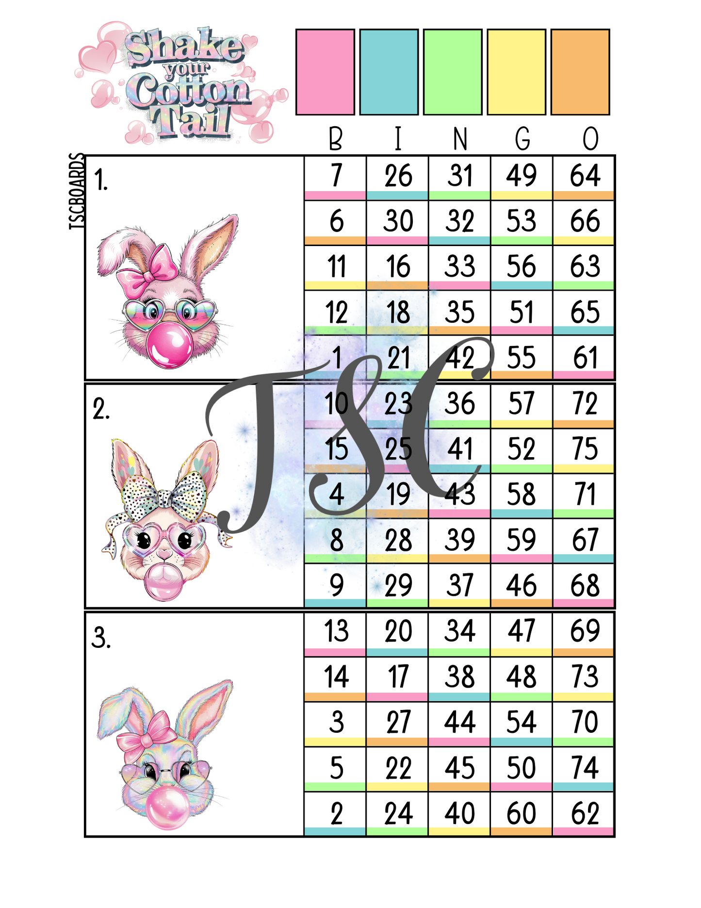 Shake Your Cotton Tail Main Block Bingo Board 1-75 Ball
