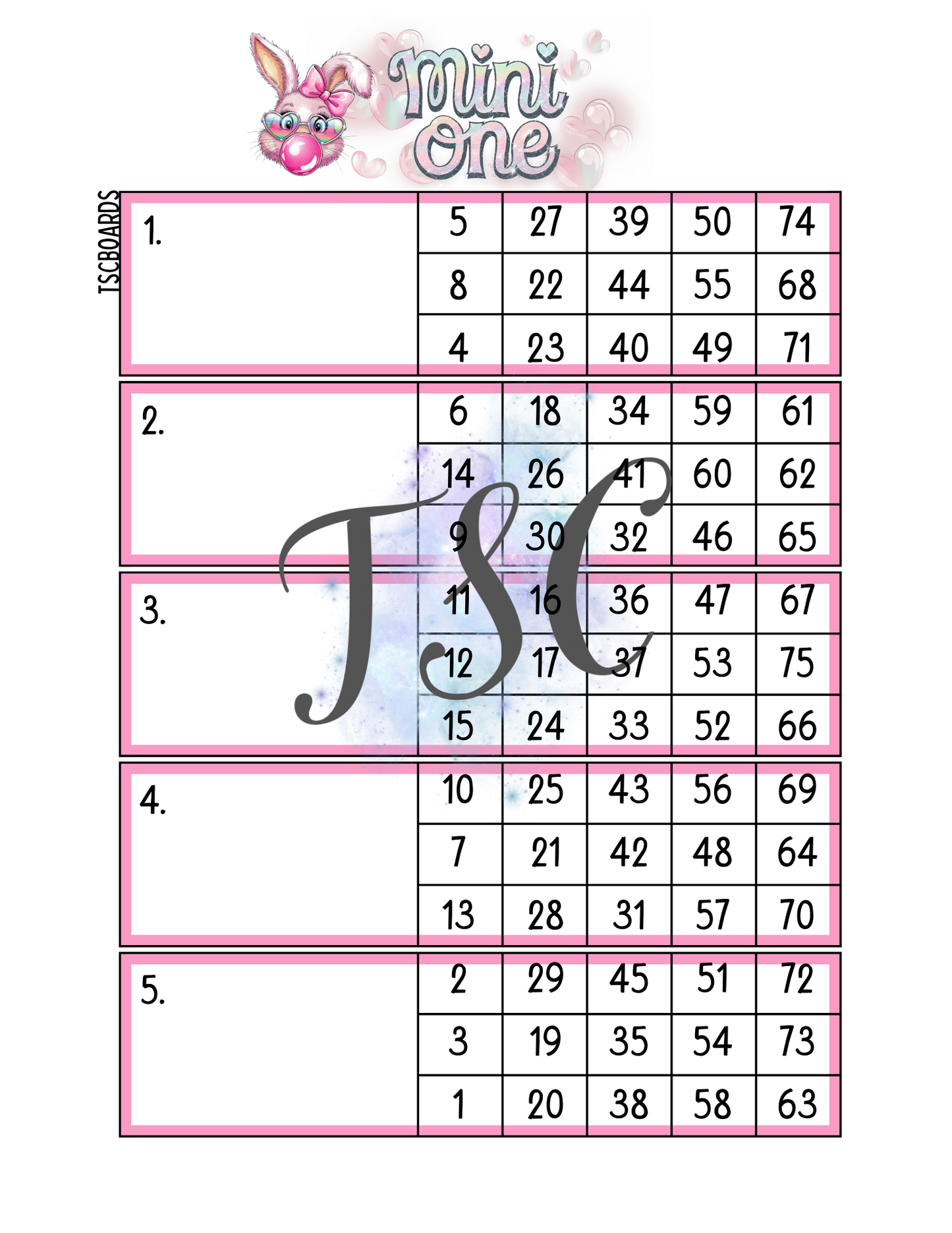 Shake Your Cotton Tail Main Block Bingo Board 1-75 Ball