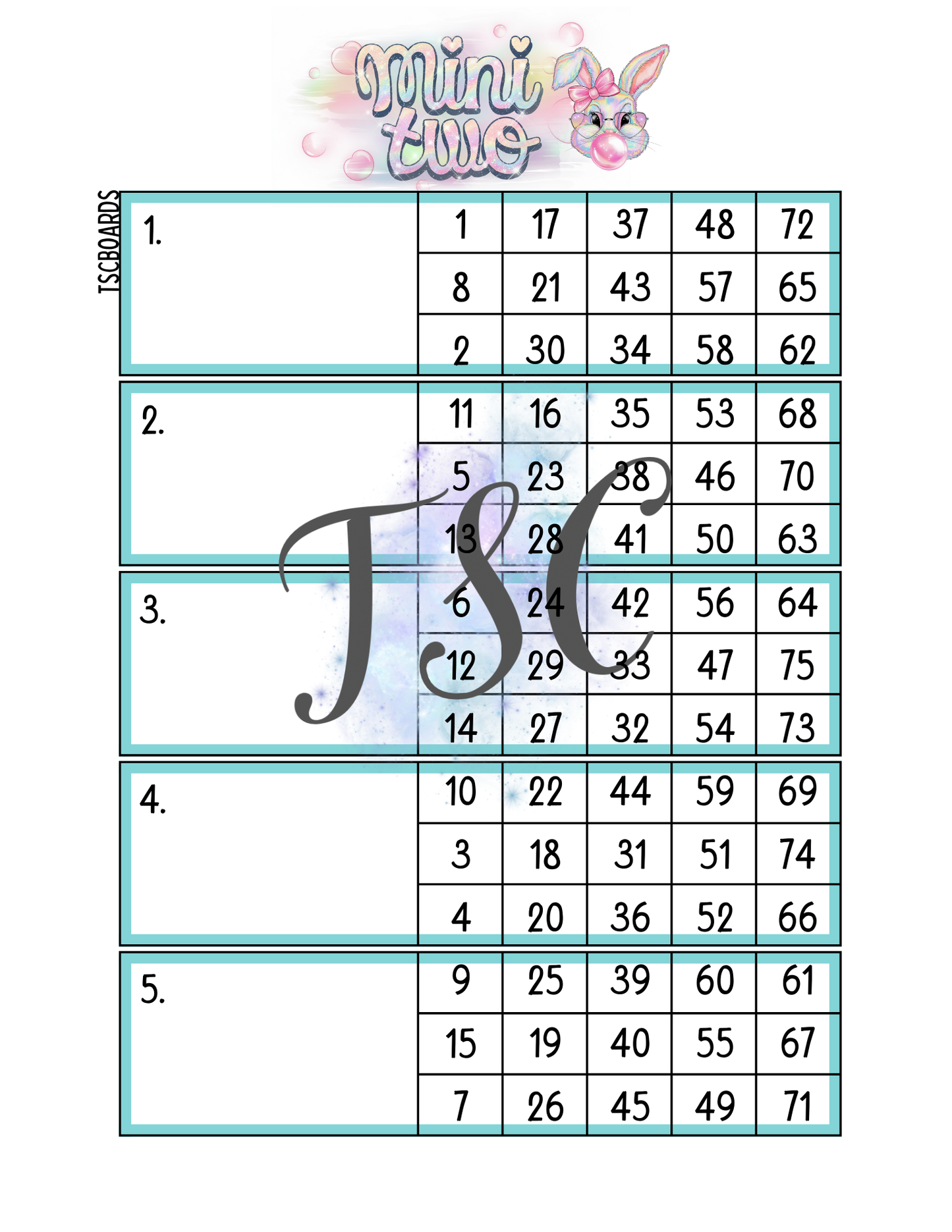Shake Your Cotton Tail Main Block Bingo Board 1-75 Ball