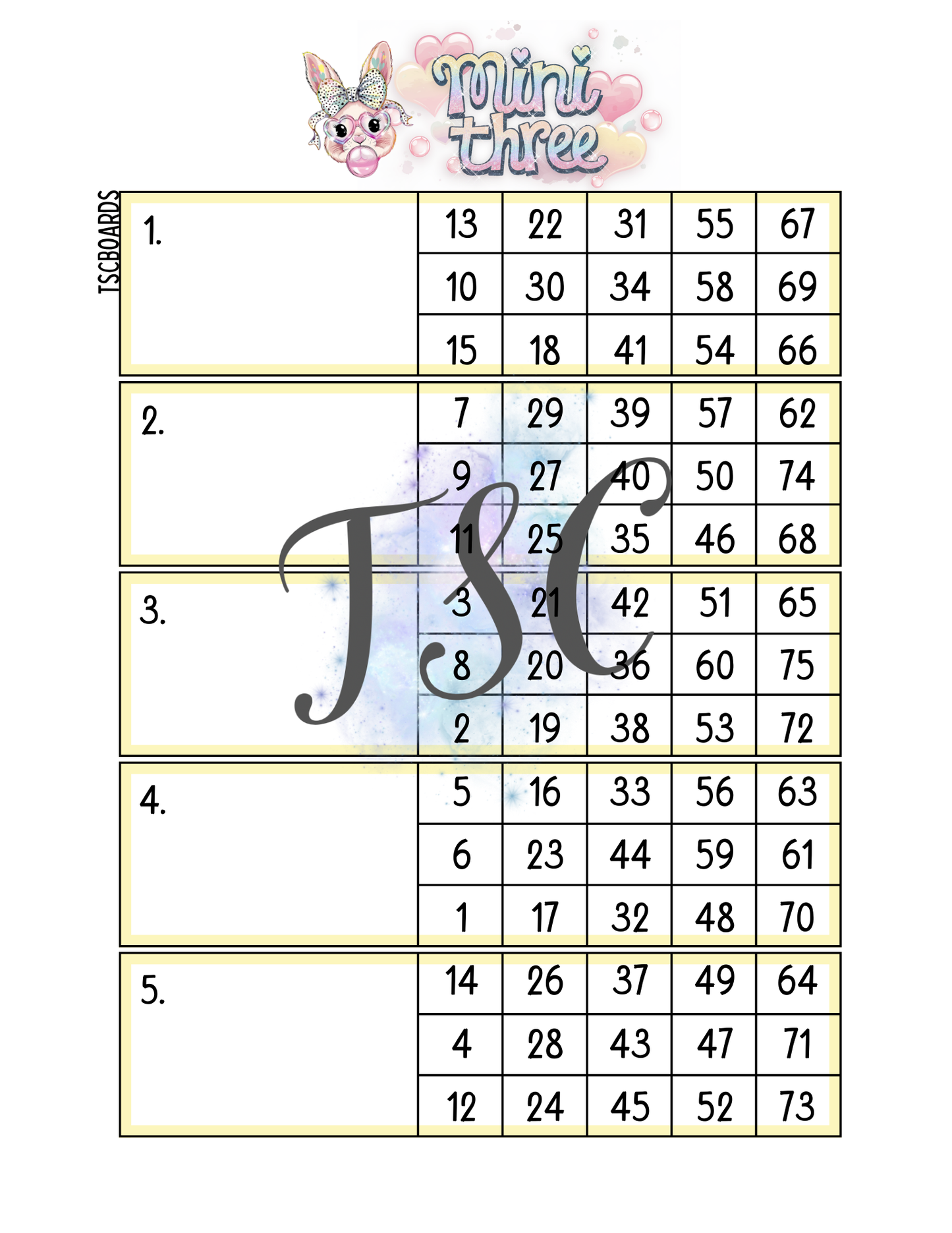 Shake Your Cotton Tail Main Block Bingo Board 1-75 Ball
