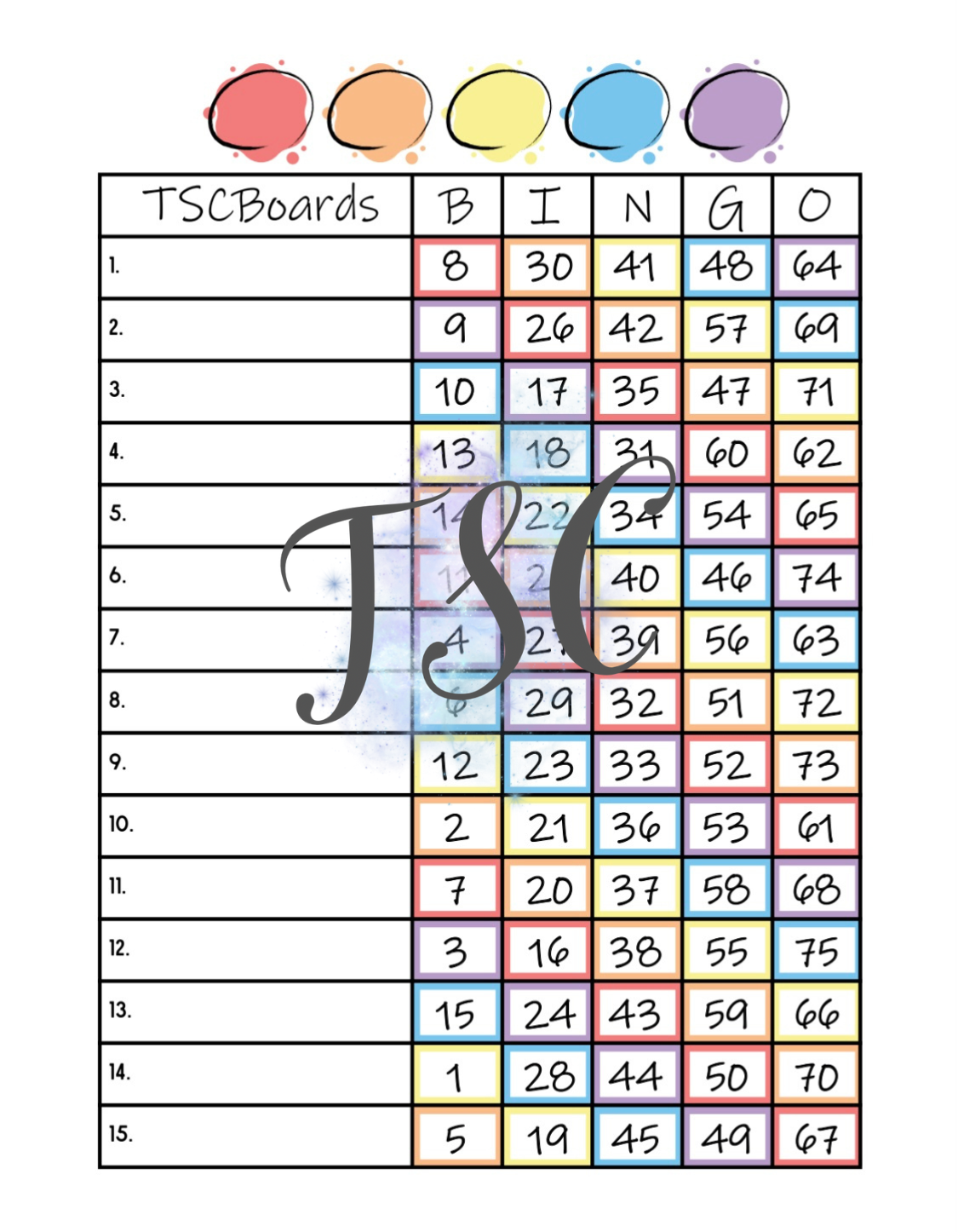 Rainbow Bingo Board 1-75 Ball 1-15 Line