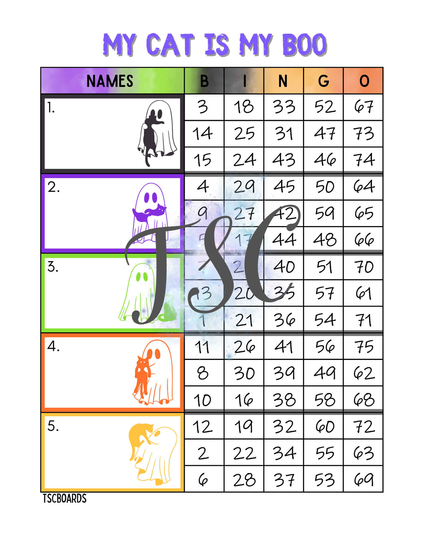 My Cat Is My Boo Block Bingo Board 1-75 Ball