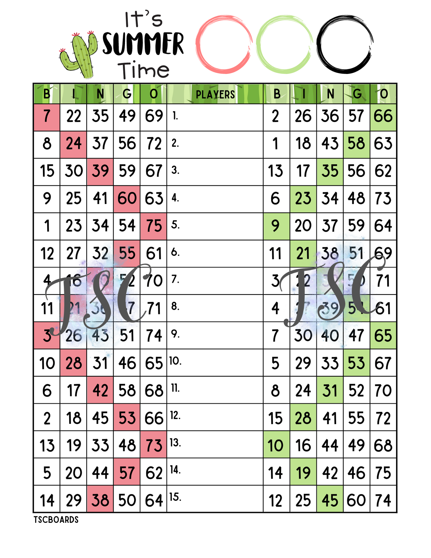 It’s Summertime Double Page Bingo Board 1-75 Ball 1-15 Line