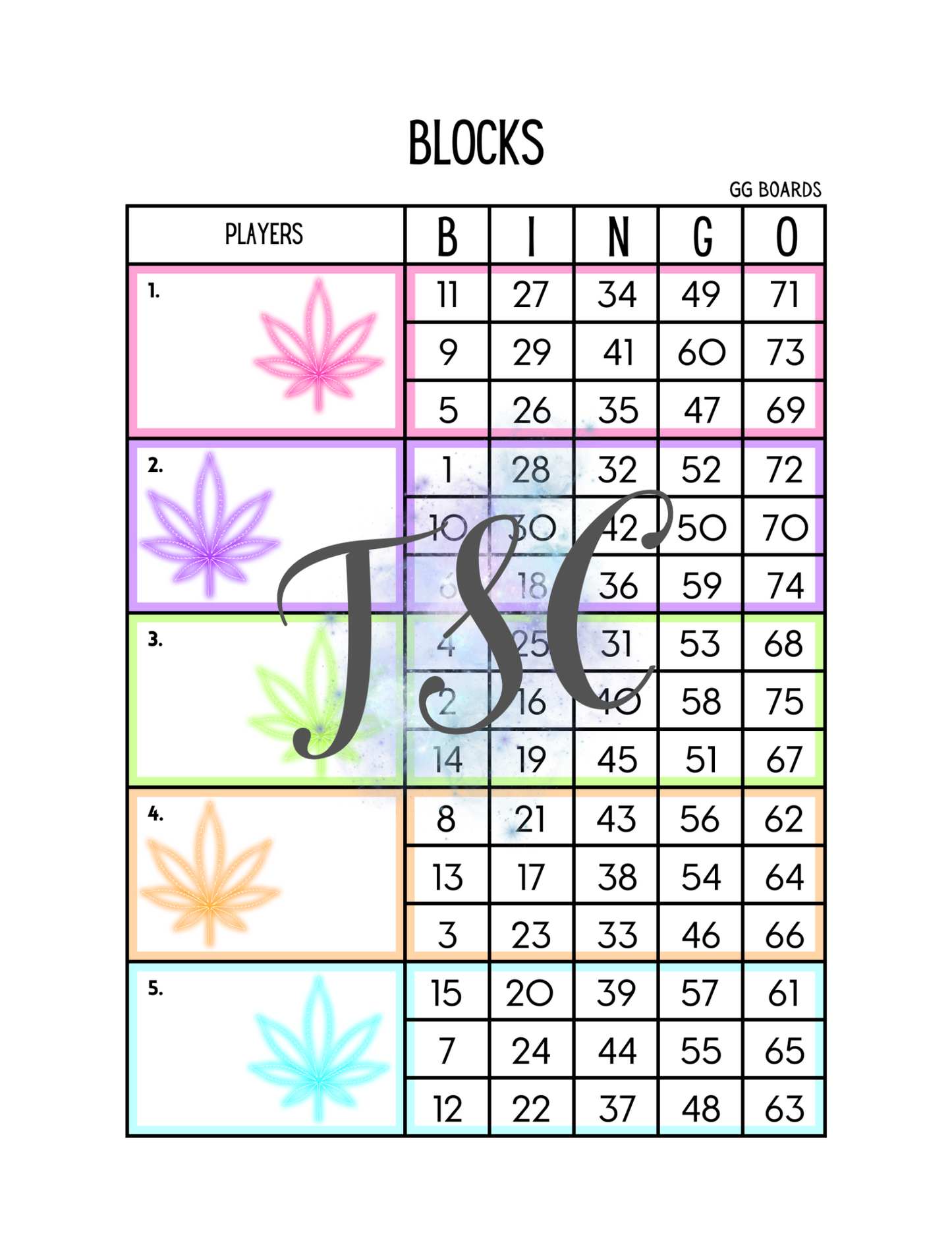 Weed Bingo Block 1-75 Mixed