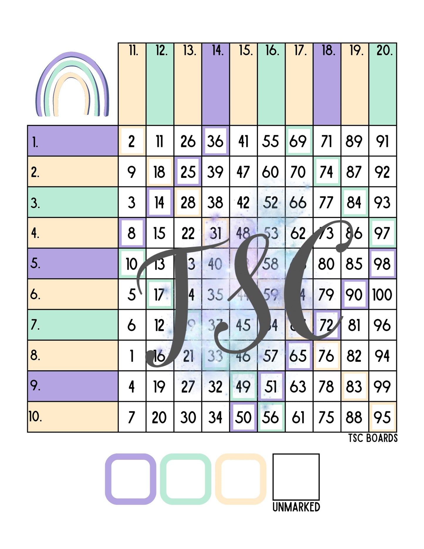 3 Colour Rainbow Grid 1-100 Ball