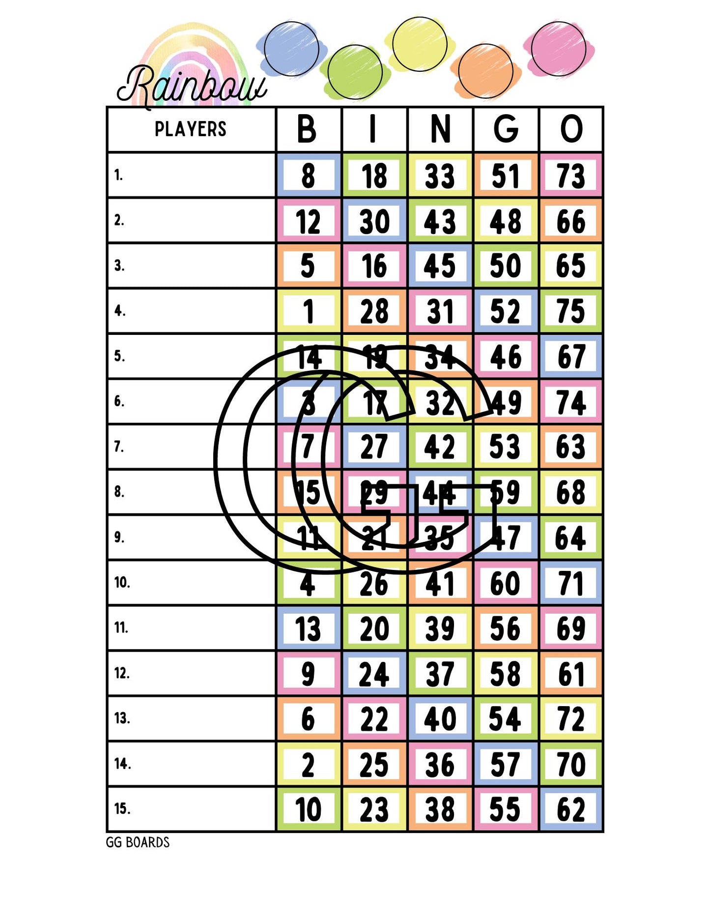 Rainbow Bingo Board 1-75 Mixed
