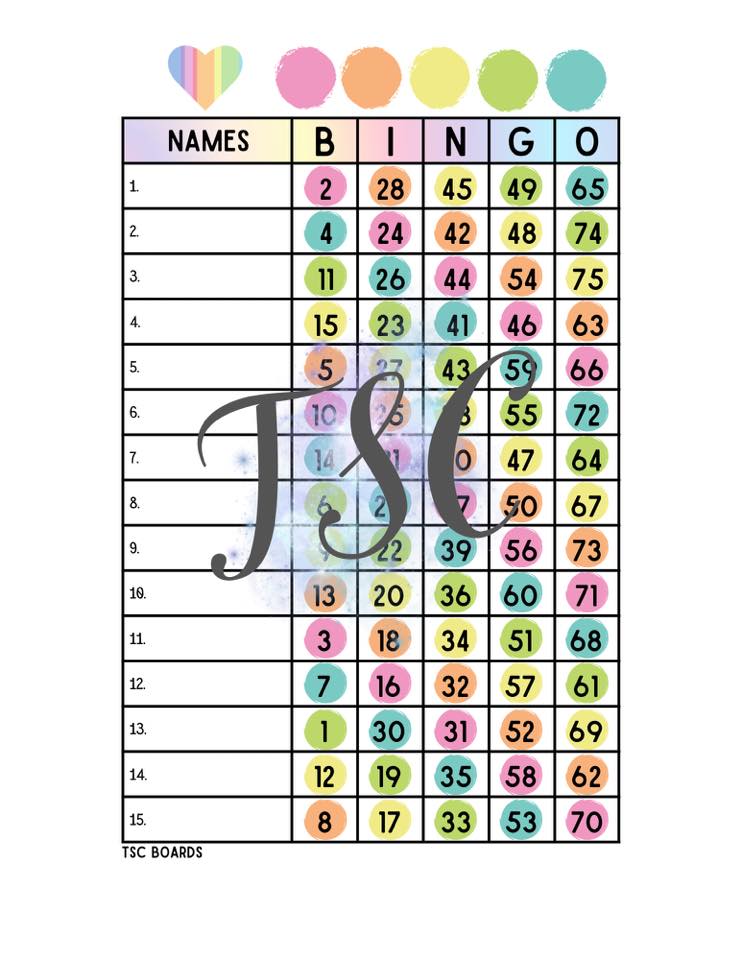 Rainbow Bingo Board 1-75 Mixed