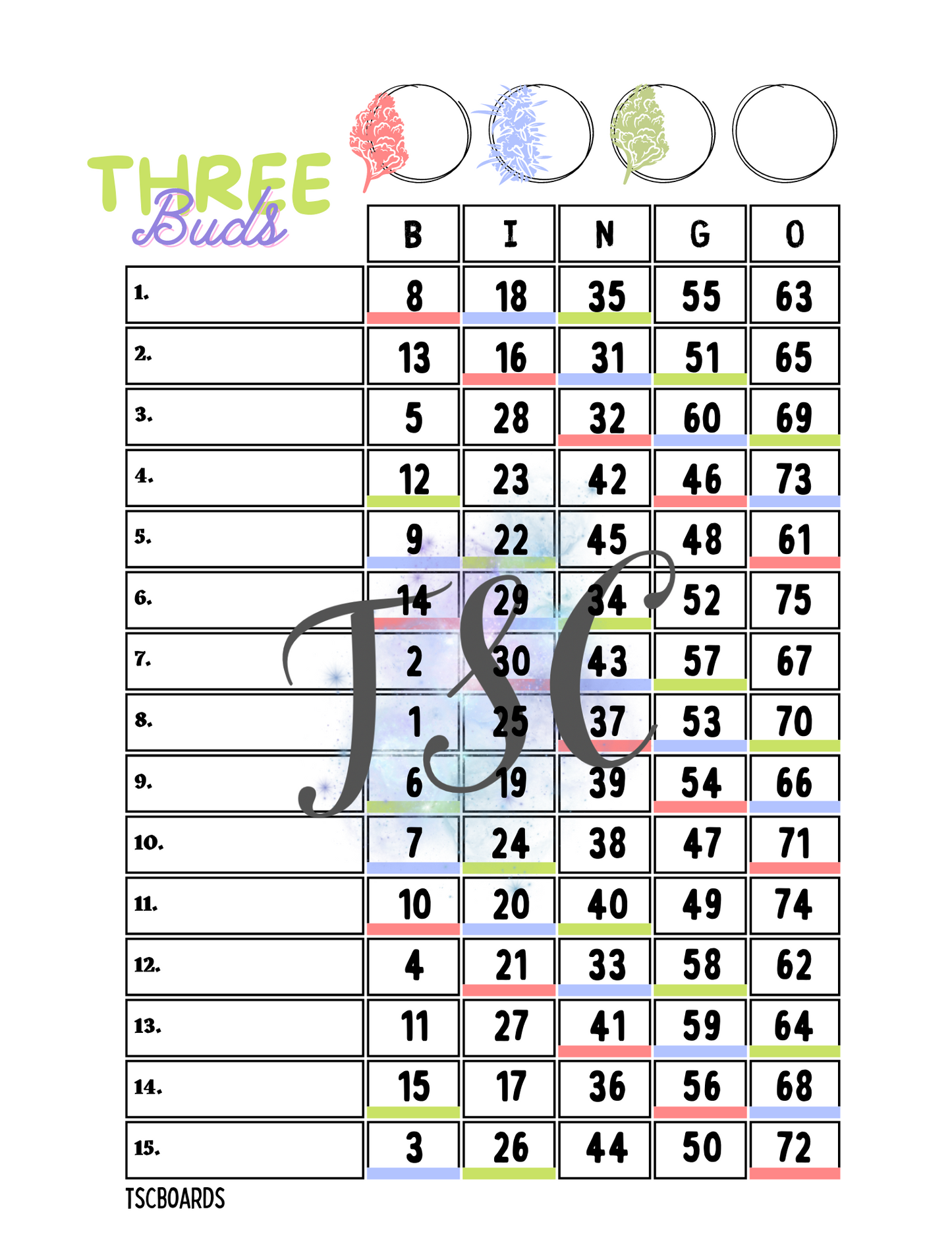 420 Three Buds 1-75 Ball Bingo Board