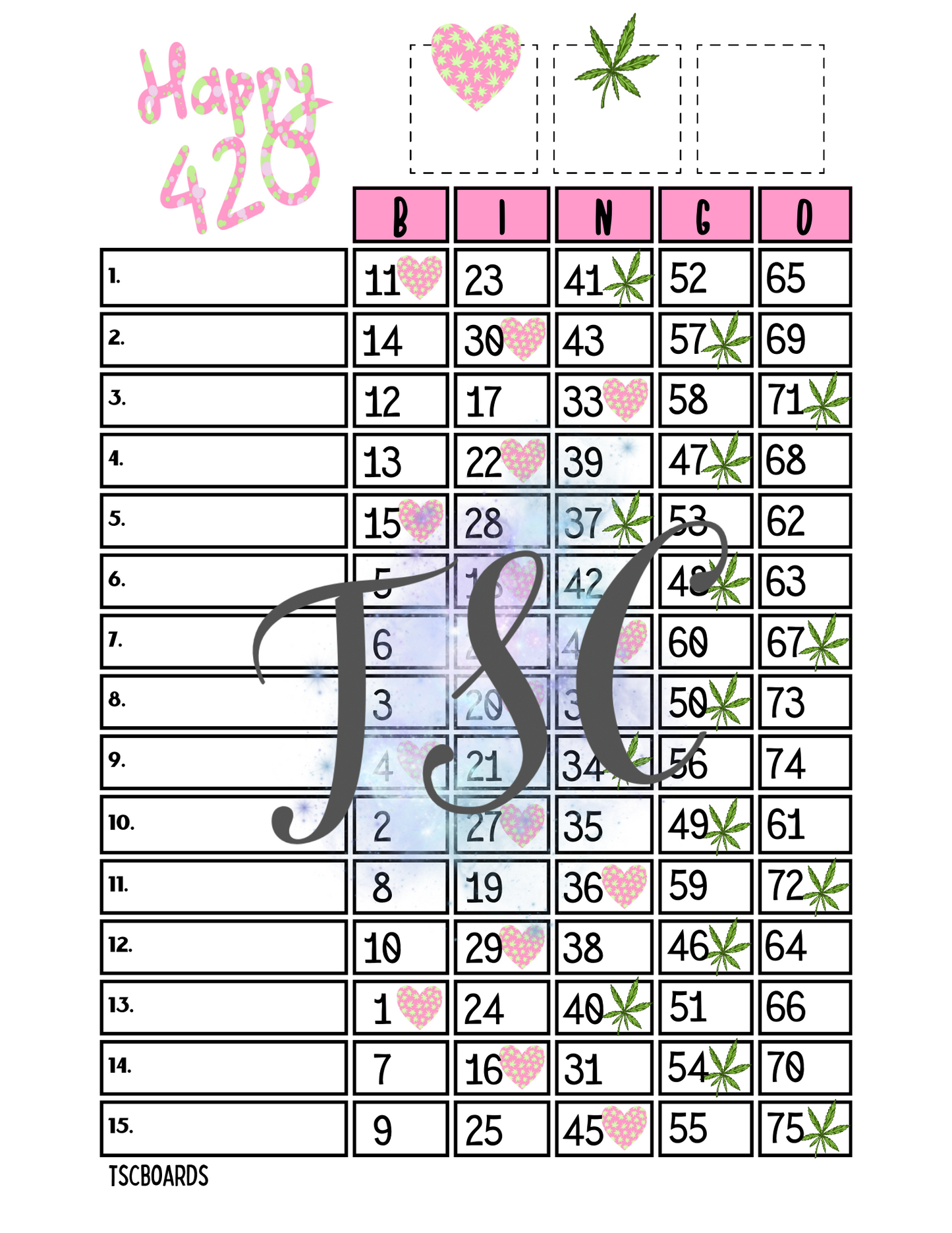 Happy 420 1-75 Ball Bingo Board