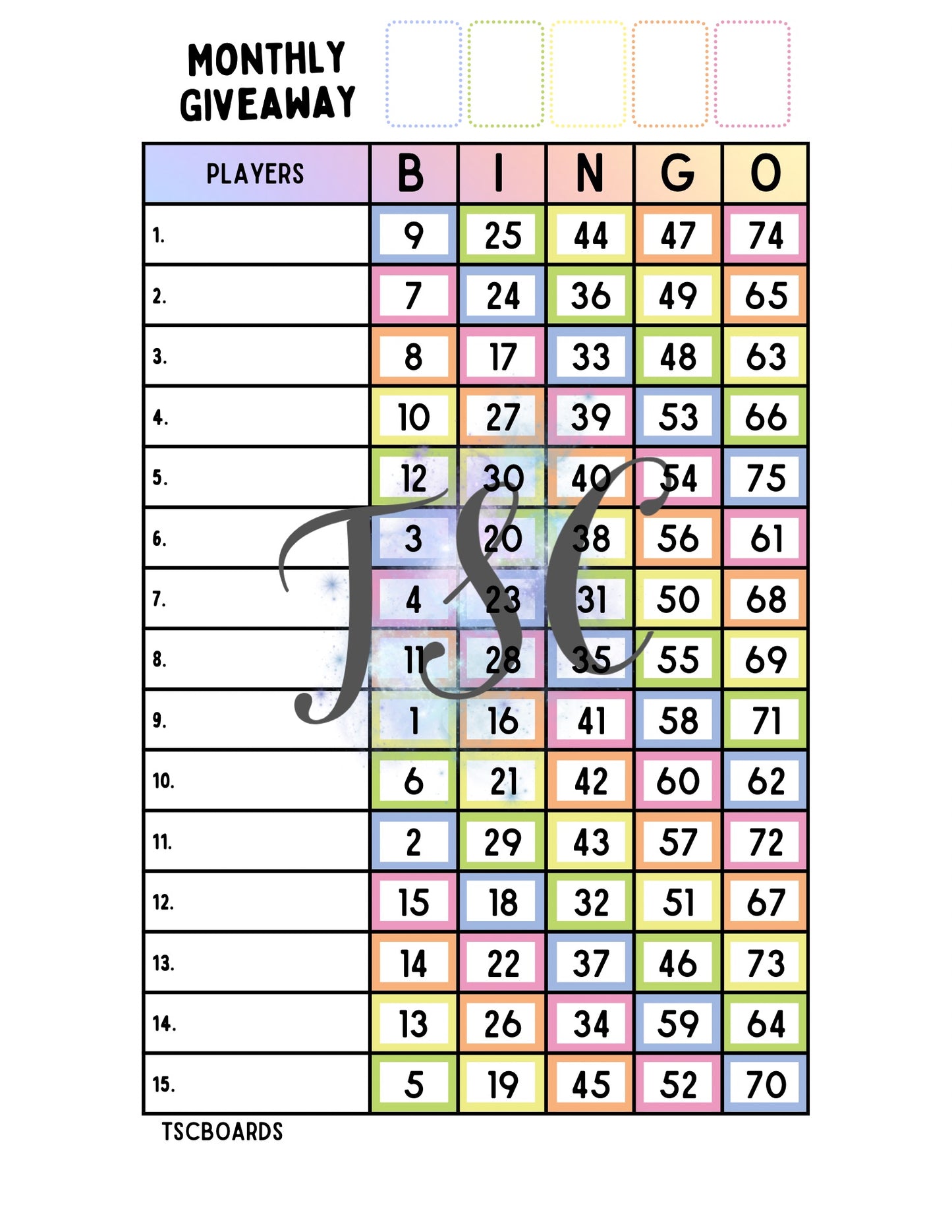 Monthly Giveaway Rainbow Board 1-75 Ball