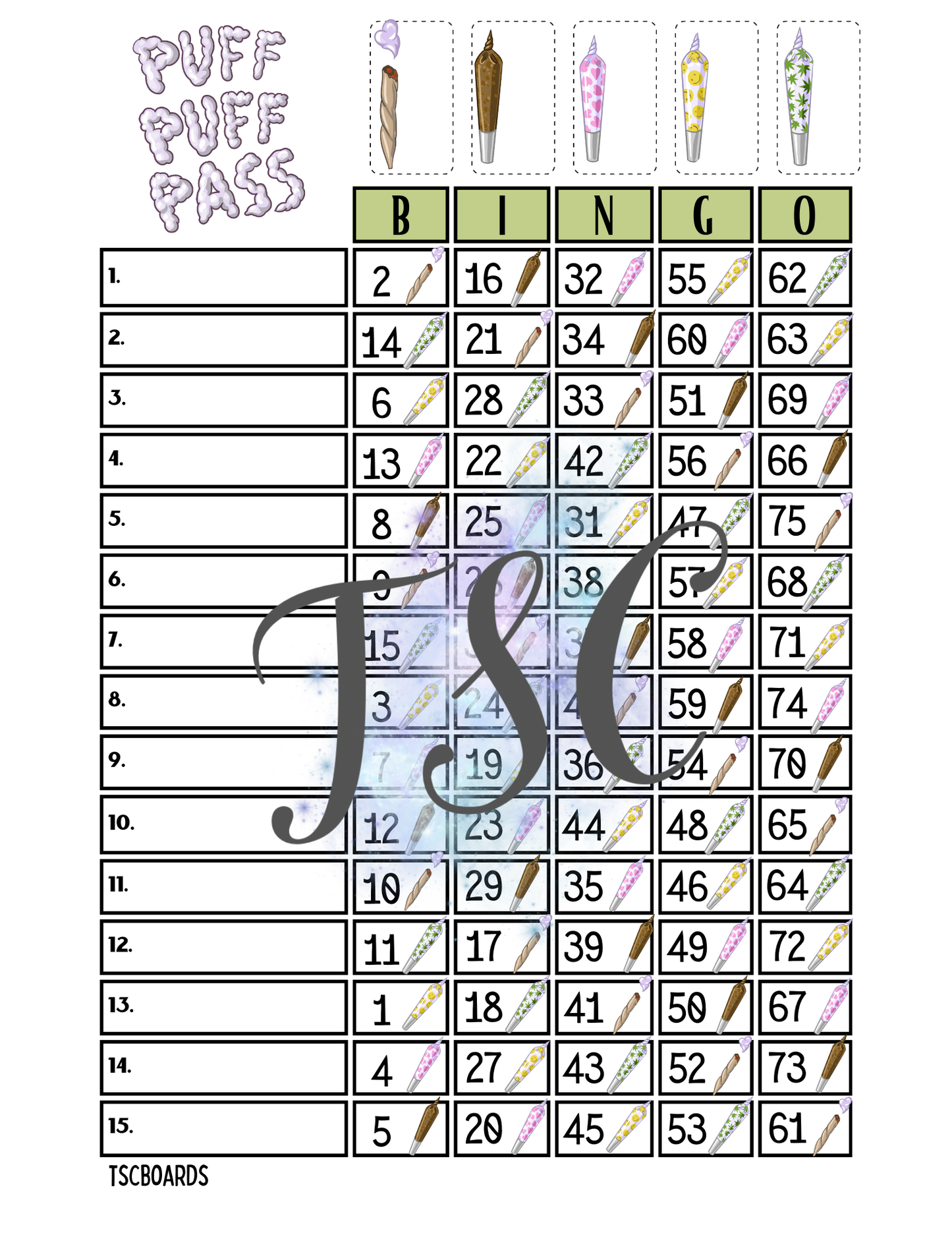 Puff Puff Pass 420 1-75 Ball Bingo Board