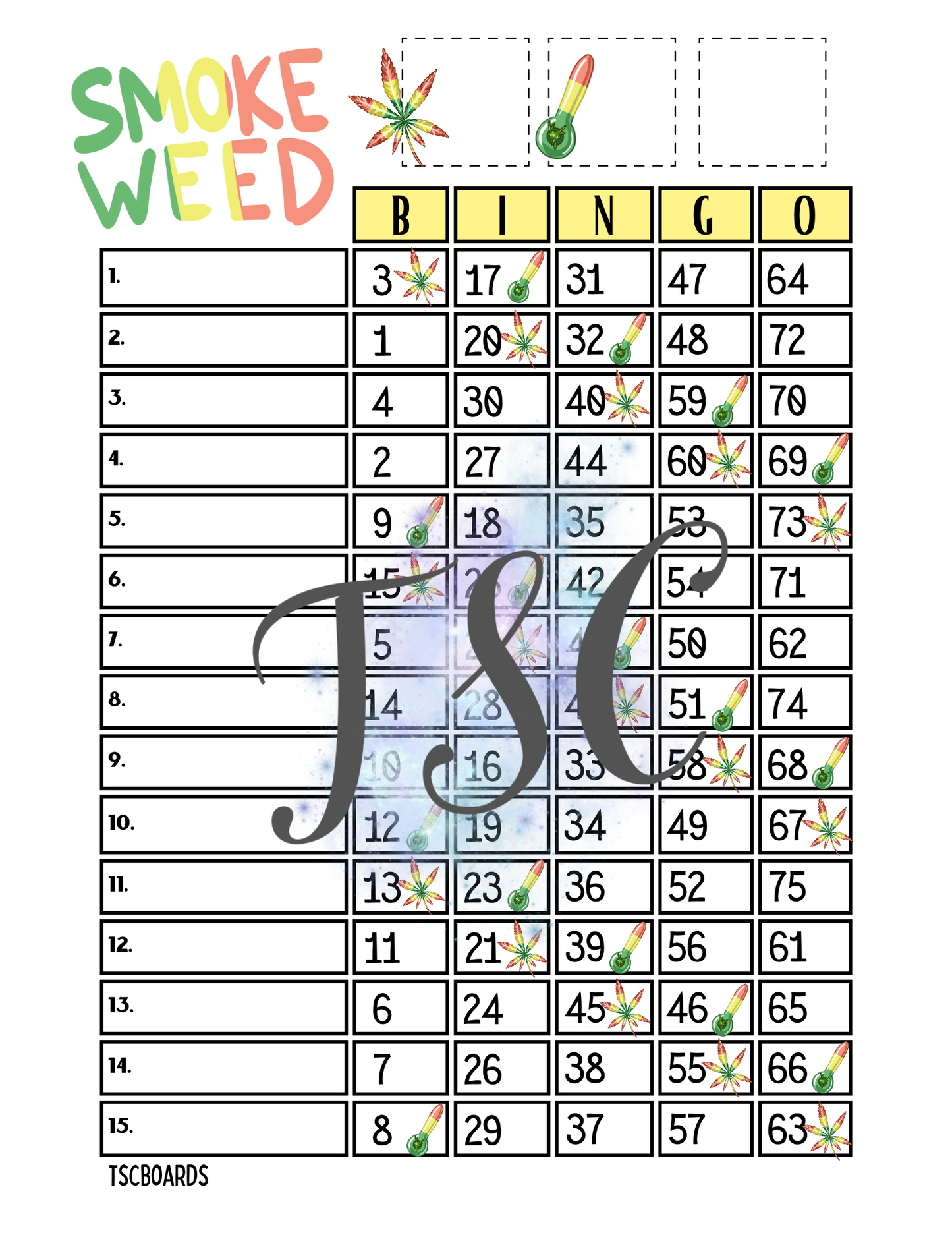 Smoke Weed 420 1-75 Ball Bingo Board