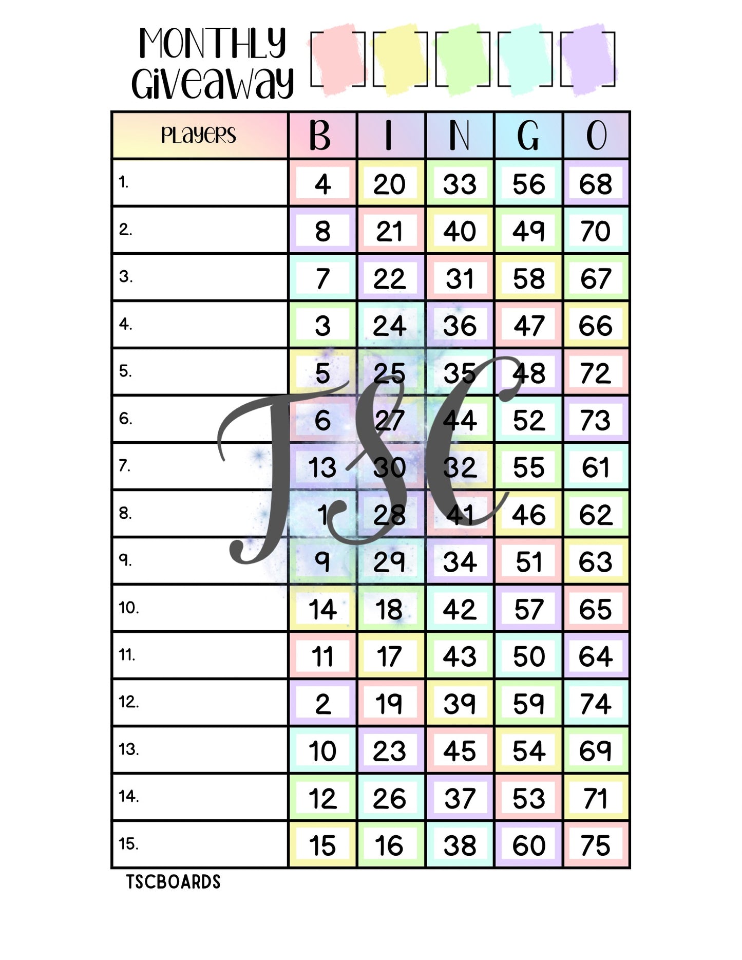 Monthly Giveaway Rainbow Board 1-75 Ball