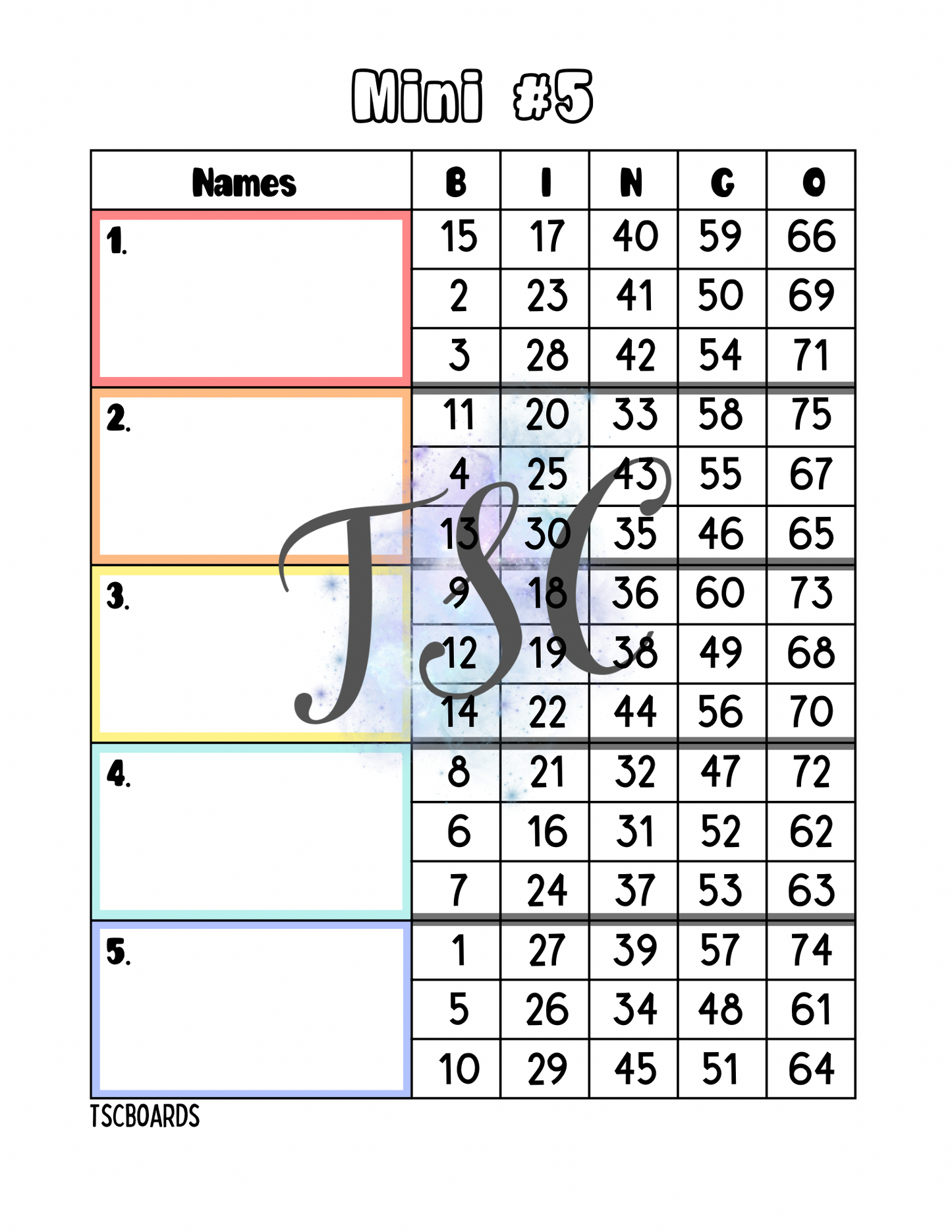 Mini #5 Block Bingo Board 1-75 Ball