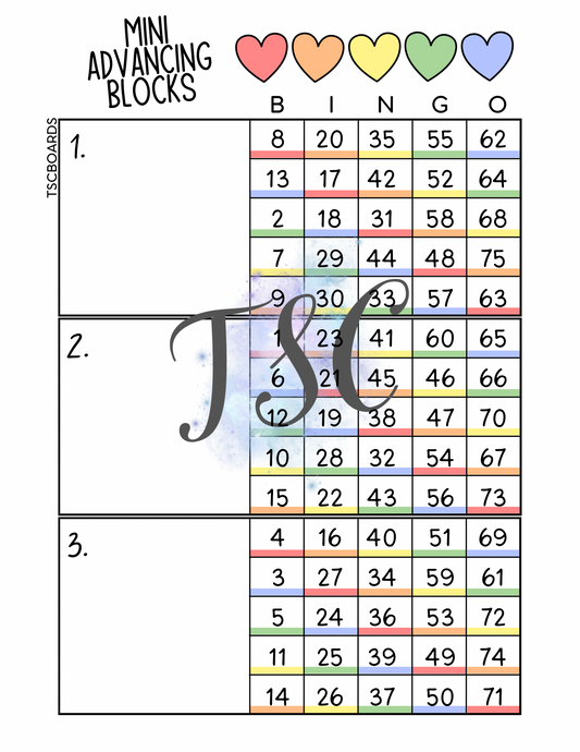 Advancing Rainbow Blocks Bingo Board Main 1-75 Ball