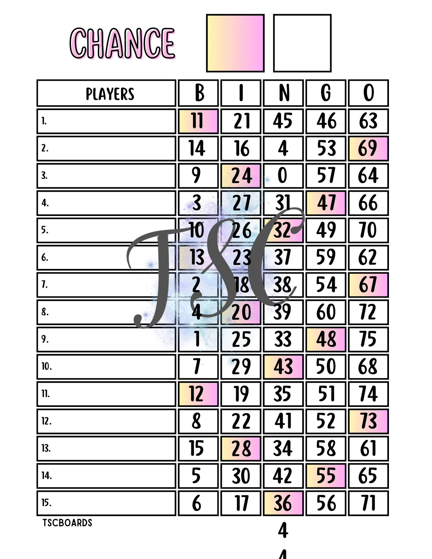 Pink Chance Bingo Board 1-75 Ball